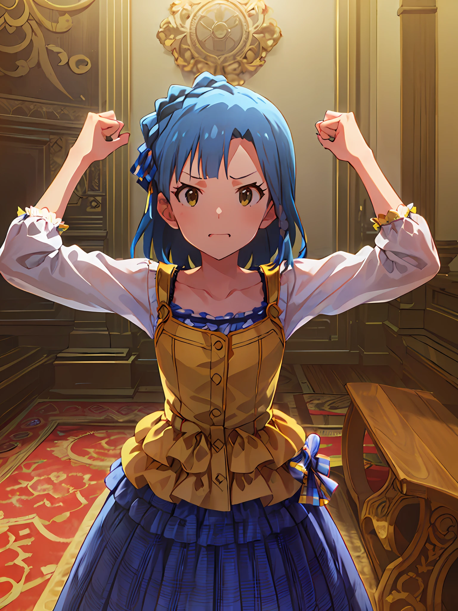 yuriko nanao (million live). Short stature. white t-shirts. suspenders.Skirt.(((masutepiece))).(((Best quality))).)((Ultra-detailed))).(((Illustration))). (((Put your hands on your hips))).((a room)).make a fist.up chest.Look at viewers.Despair face.natta.inside a house.natta.to stand.