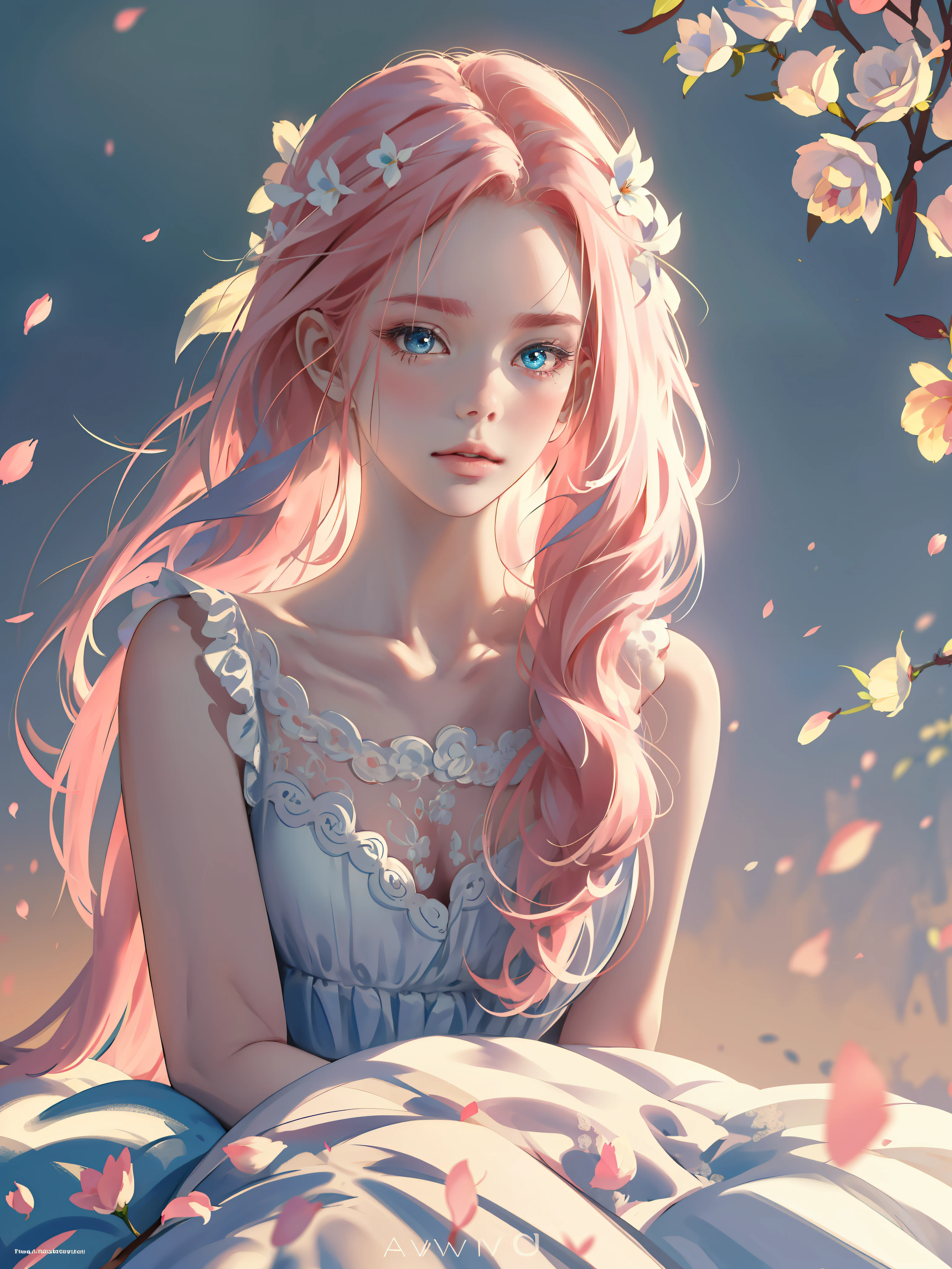 ((Masterpiece)), high quality, super detailed, pink hair + white clothing: 1.2, sweet and delicate girl, delicate facial features, perfect figure, surrounded by roses, bright bright colors, pearl white background, romantic long hair, natural light, warm and sweet, blue eyes, flower hair decoration.