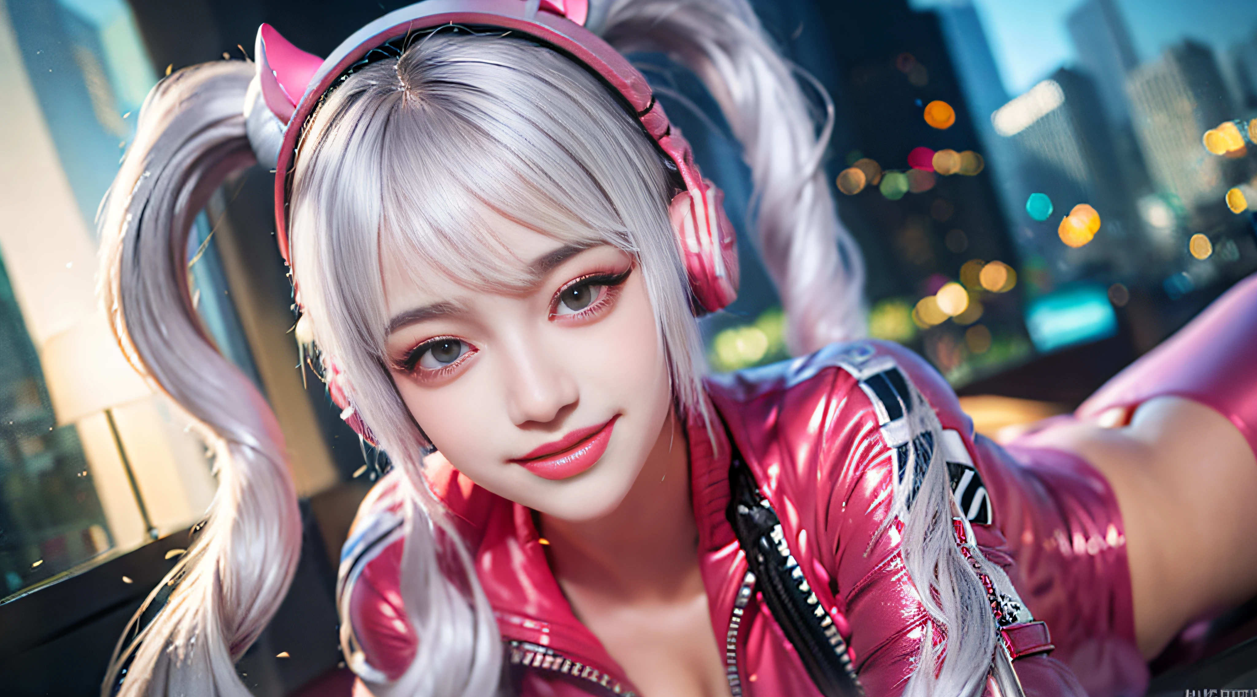 Best quality, super high resolution, (realism: 1.4), masterpiece, 1girl, Kpop idol, (aegyo sal: 1.0), puffy eyes, (city of ruins), alice\(nikke\), (pink bodysuit), ((beast ear headphones)), (shiny clothes), double ponytails, (latex onesie), (rubber suit), shoes, (cleavage), (slim), ((white hair)) ,(silver hair),(gray hair),((red pupils)),(looking at viewer),(smiling),Happy,(long hair),nsfw,depth of field,detailed face,shiny skin,beautiful detailed eyes , heavy eye makeup, slim waist, blush, detailed eye makeup, perfect anatomy, (pureerosface_v1:0.55),