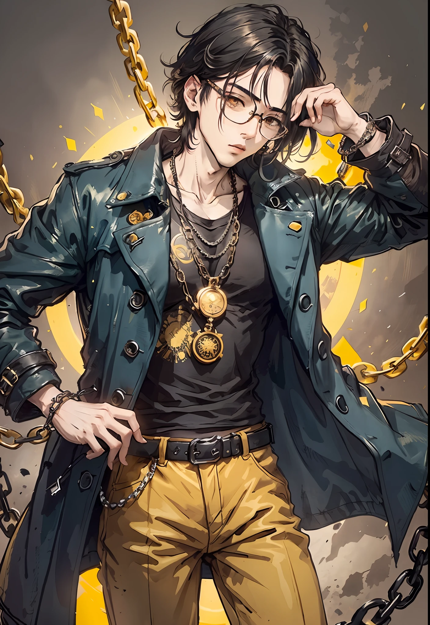 A Chinese with black hair, Wear a blue trench coat, yellow colored pants, Surrounded by dark black chains, With black glasses on his face, The eyes are dark blue