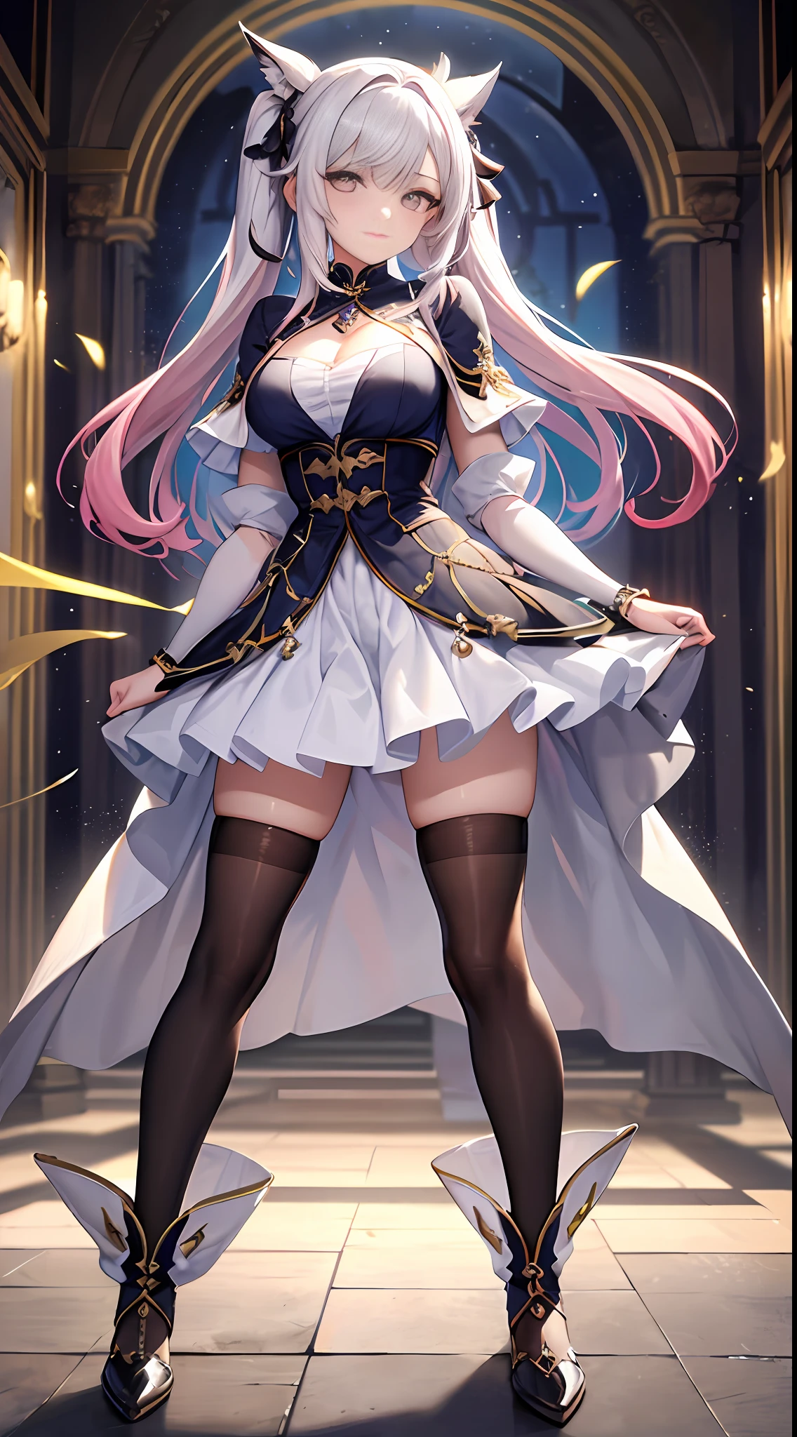 hora da maquiagem, quebrar, (qualidade superior, master part, 8k, muito detalhado, beautiful young lady), (1 menina: 1.5), (Loli: 1.3), (cabelo rosa), (sombra dos olhos), pele brilhante, (mascara: 1.0), (mid breast: 1.5),
(da frente: 1.8), (Cabelo Twintails), knee tights,
ultra high-resolution, Absurdo, (fundo branco), olhos amarelos, vestido preto e branco com detalhes dourados, inspirado em Ren Renfa, imperial real roupas elegantes, inspirado por Ren Xiong, intrincada armadura branca e dourada, ((vestindo manto aristocrata)), usando roupas formais de fantasia, lunar themed attire, Armadura preta e dourada, roupas muito detalhadas e ricas, ornate flowing robes, vestes branco-douradas , standingn, corpo inteiro