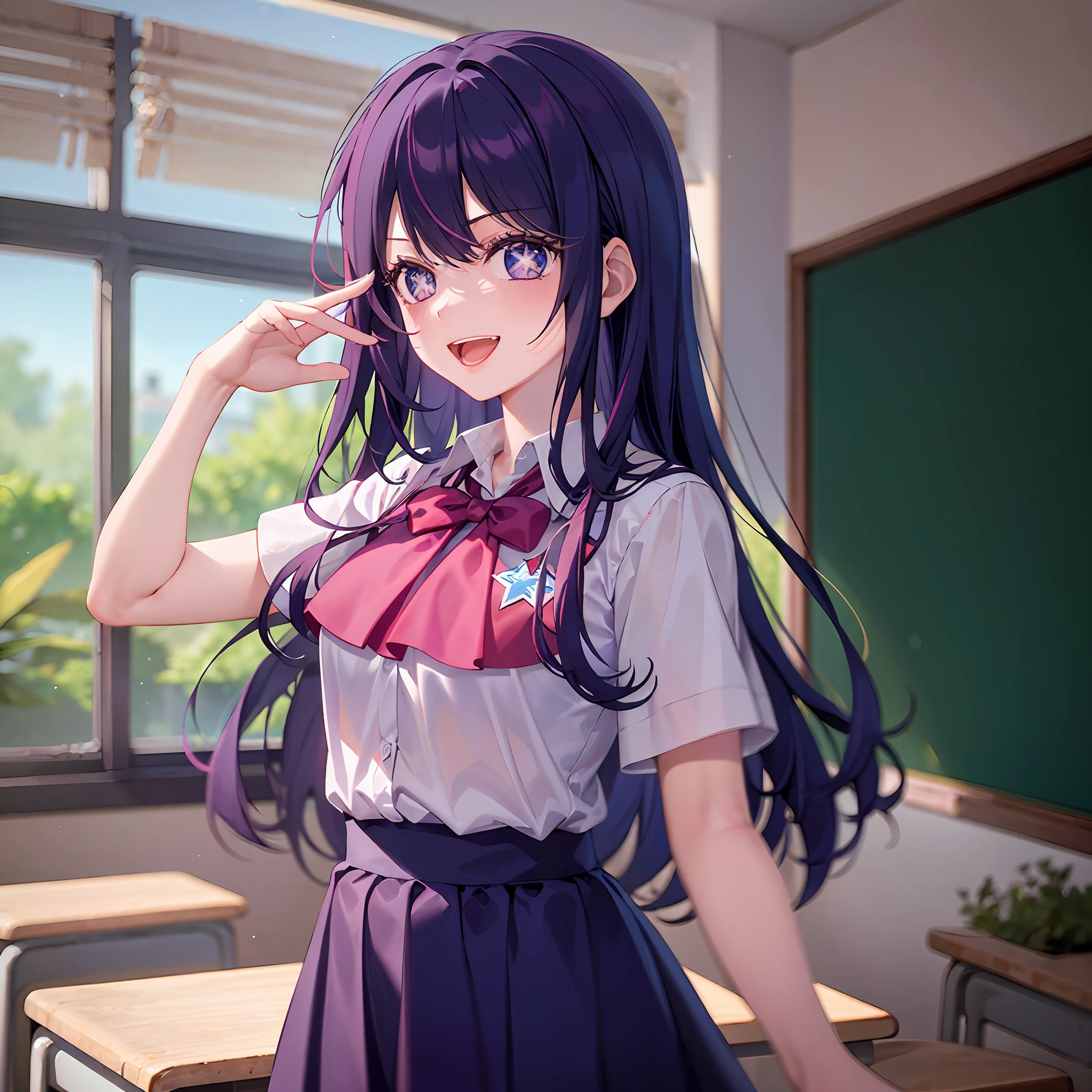 A girl with,Classroom,There is a five-pointed star in the eye,Long purple hair,school uniformss,Look at viewers,exhilarated,having fun,Cheerful,