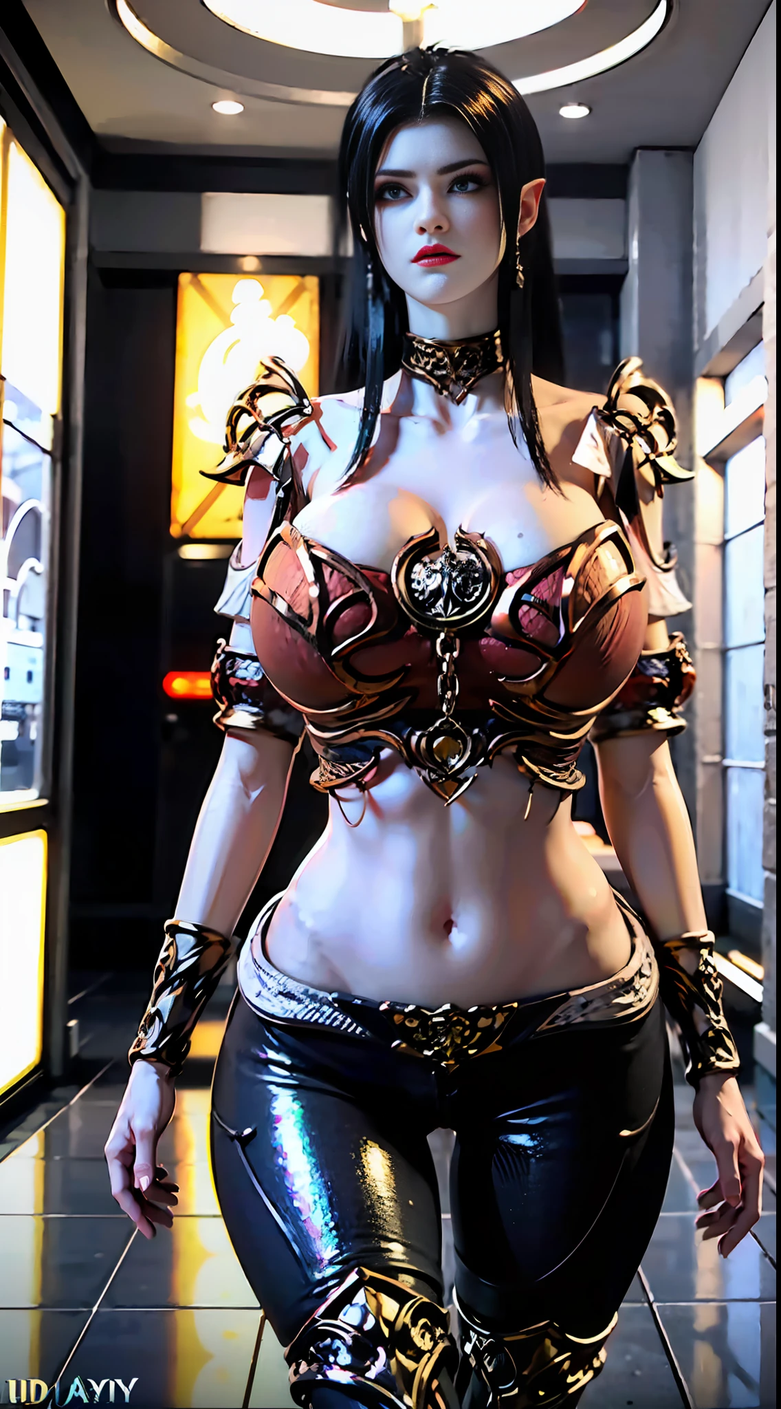 Unreal Engine 5 Realistic Rendering, Excellent, (Blue Jacket), (Yoga Pants), ((Big Blue Eyes, Long Eyelashes)), milf, looking on viewer, Final fantasy, cosplayer, walking down hallway of hideaway, beautiful face, makeup, (photorealism:1.2), ultrarealistic uhd face, (huge fake boobs:1.4), (gigantic breasts:1.1) nipple slip, (muscle abs), (wide hips), (thick thighs), slim waist, hourglass figure, voluptuous, ((shiny skin)), ((she is sexy)), photorealistic, bokeh, masterpiece, highres, 1080P, UHD.