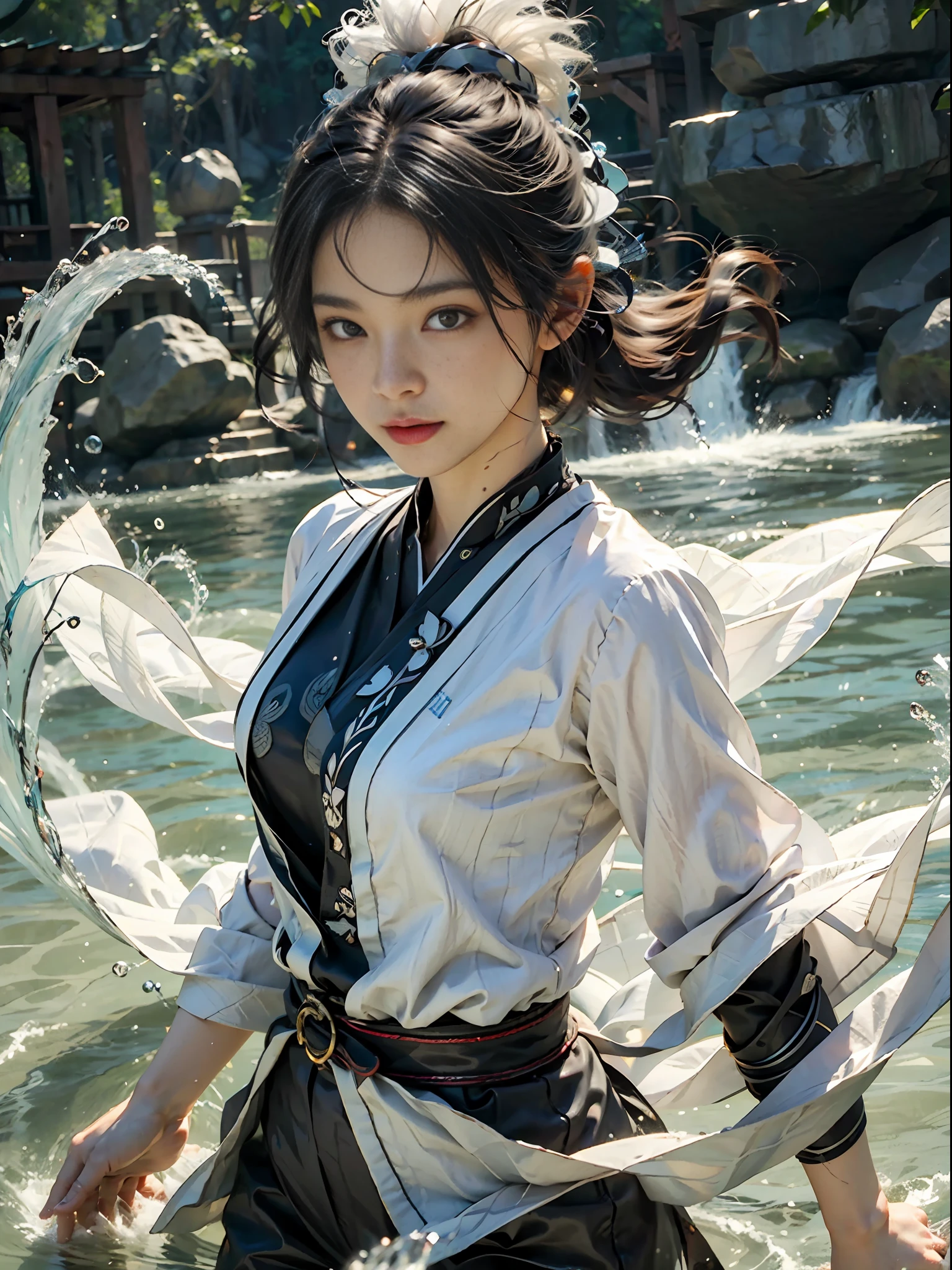 ((best quailty)), ((tmasterpiece)), (A detailed), (Realistis), (offcial art), (Very detailed CG unity 8k wallpaper), (Water magic:1.2), (Manipulating water:1.1), (element control:1.2), (graceful movements:1.1), (Aquatic beauty:1.2), (Mysterious powers:1.2), (Serene expression:1.1), (Flowing tides:1.2), (Sparkling water droplets:1.2), (magic aura:1.1), (magic incantation:1.2), (Ripple waves:1.2), (Splendid water formation:1.1), (Emerges from a whirlpool of water:1.2), (Resonate with nature:1.2),(commanding the elements:1.2),(translucent veils:1.1),(Wisdom and strength:1.2),(swirls of magic:1.2),(Glowing zigzag:1.1),(Harmony with the sea:1.2),(Mysterious origins:1.2),(harmonious balance:1.1),(The power of tranquility:1.2),(A fascinating spectacle:1.2),(Immerse yourself in liquid magic:1.1),The proportions are correct,gossamer,semi transparent