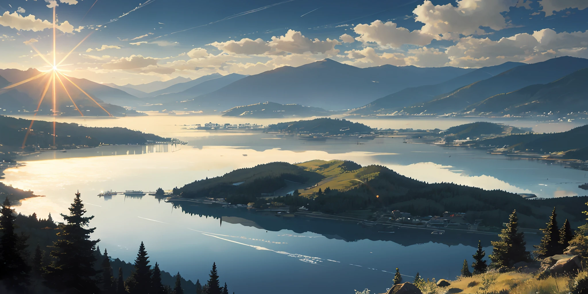 BREAK prime time,a warm color palette,sunflare,soft shade,Vivid colors of,painterly effect,Fantastical Atmosphere,BREAK Scenic lake,mountains in the distant,Calm water,inverted image,Sun-drenched clouds,serene ambiance,sun setting,8K high-definition --v 6