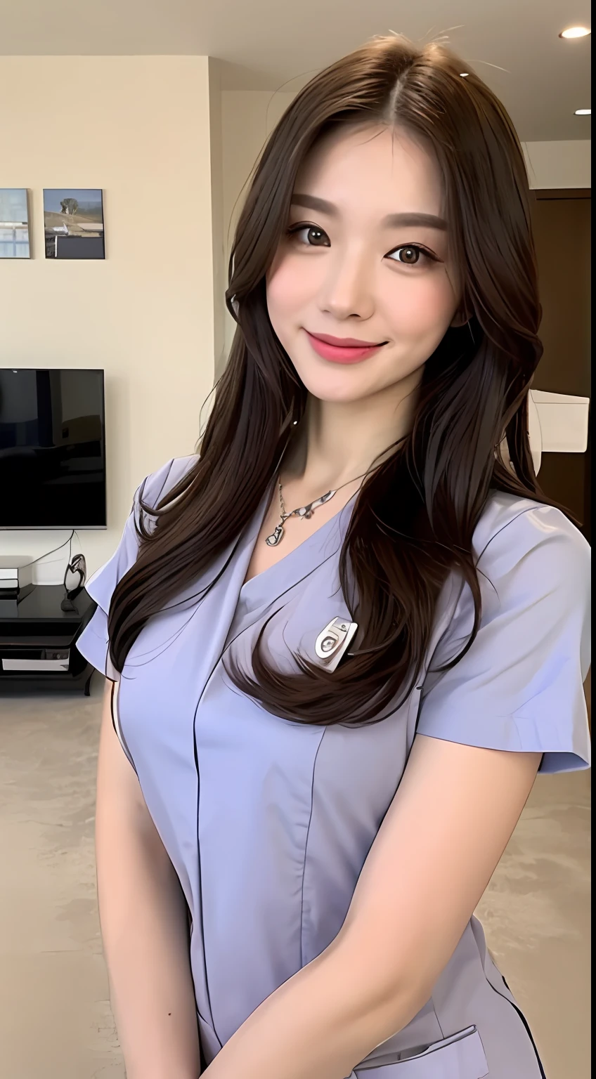 ((Best Quality, 8k, Masterpiece:1.3)), Focus:1.2, Perfect Body Beauty:1.4, Buttocks:1.2, ((Delicate Hair)), (Stylish Nurse Uniform:1.1) ,(Room, living room: 1.3), Highly detailed facial and skin texture, Fine eyes, Double eyelids, Whitening skin, Big breasts, smile, wearing a necklace,