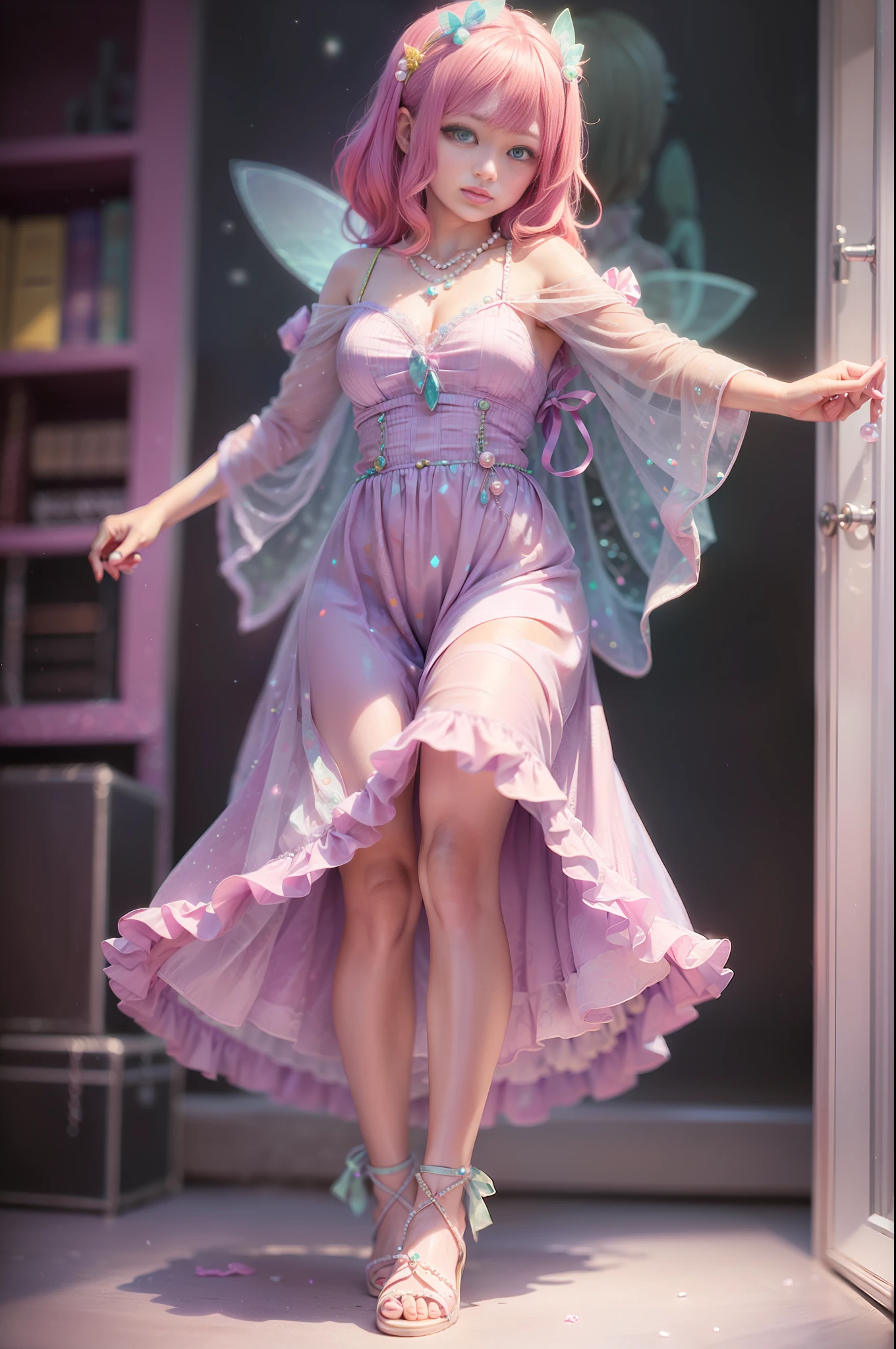 Pearls adorned with pastel pink dresses and hair accessories、Ren Hao、And hair dyed in candy color。With shining green eyes that play innocently、Glitter sandals dancing brilliantly。A beautiful girl who is somehow mysterious like a fairy
