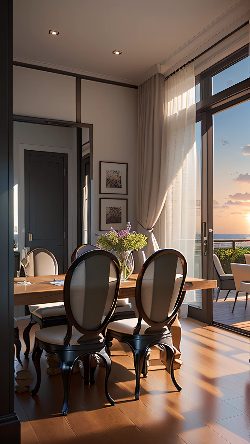 The dining room is equipped with tables and chairs,Features sea views。, luxury condo interior, Realistic physical rendering, artistation render, insanely detailed rendering, archviz, detailed renderings, highly detailed render, dramatic rendering, rendered in corona, detailed archviz render, award-winning render, building rendering, photoreal render, Photorealistic rendering