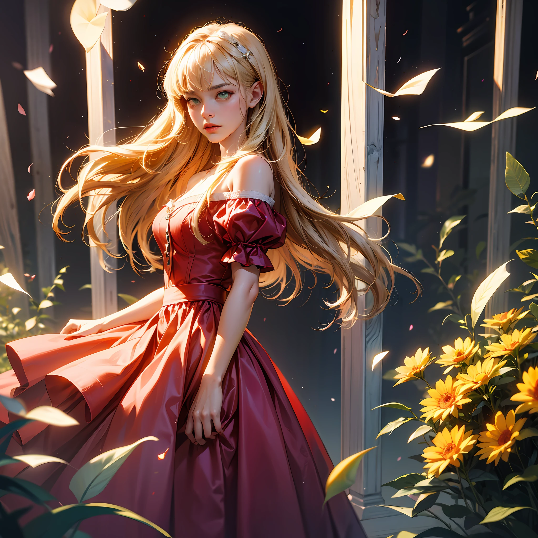 (absurdres, highres, ultra detailed), 1girl, mature female, wavy blonde hair, long hair, blunt bangs, green eyes, pink dress, finely detailed eyes and detailed face, extremely detailed CG unity 8k wallpaper, intricate details, BREAK , kaleidoscopic imagery, symmetrical patterns, vibrant colors, geometric shapes, mesmerizing designs, optical illusions, dynamic composition BREAK , pantomime art, expressive body language, silent storytelling, evocative gestures, visual narratives, theatrical performances BREAK , blooming flowers, colorful petals, fragrant scents, nature's bounty, vibrant gardens, peaceful scenery --auto