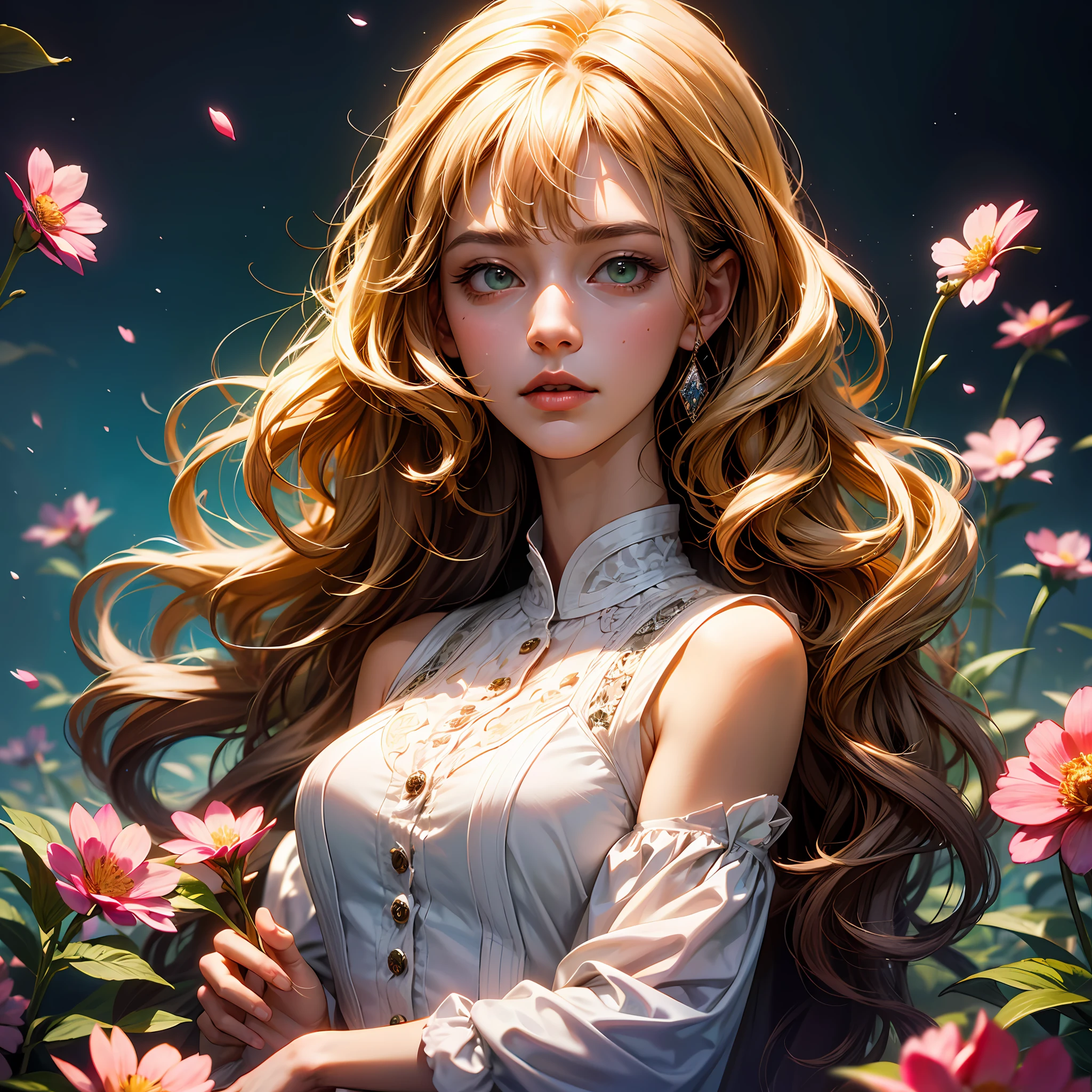 (absurdres, highres, ultra detailed), 1girl, mature female, wavy blonde hair, long hair, blunt bangs, green eyes, pink dress, finely detailed eyes and detailed face, extremely detailed CG unity 8k wallpaper, intricate details, BREAK , kaleidoscopic imagery, symmetrical patterns, vibrant colors, geometric shapes, mesmerizing designs, optical illusions, dynamic composition BREAK , pantomime art, expressive body language, silent storytelling, evocative gestures, visual narratives, theatrical performances BREAK , blooming flowers, colorful petals, fragrant scents, nature's bounty, vibrant gardens, peaceful scenery --auto