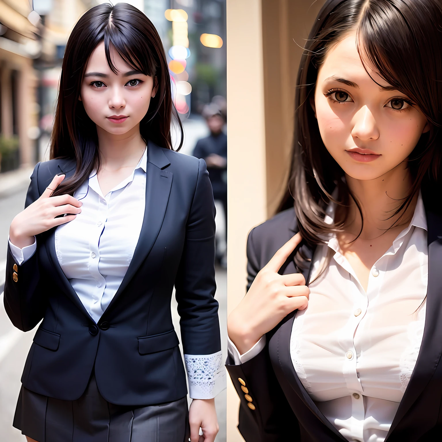 best quality, masterpiece, 1girl, Beautiful face, (photo realistic:1.3), rim lighting, (high detailed skin:1.2), 8k uhd, dslr, high quality, high resolution, 4k, 8k, Bokeh,  absurdres, best ratio four finger and one thumb, (realistic:1.3), cute 1girl, wearing black formal blazer, medium breasts, short skirt, --auto