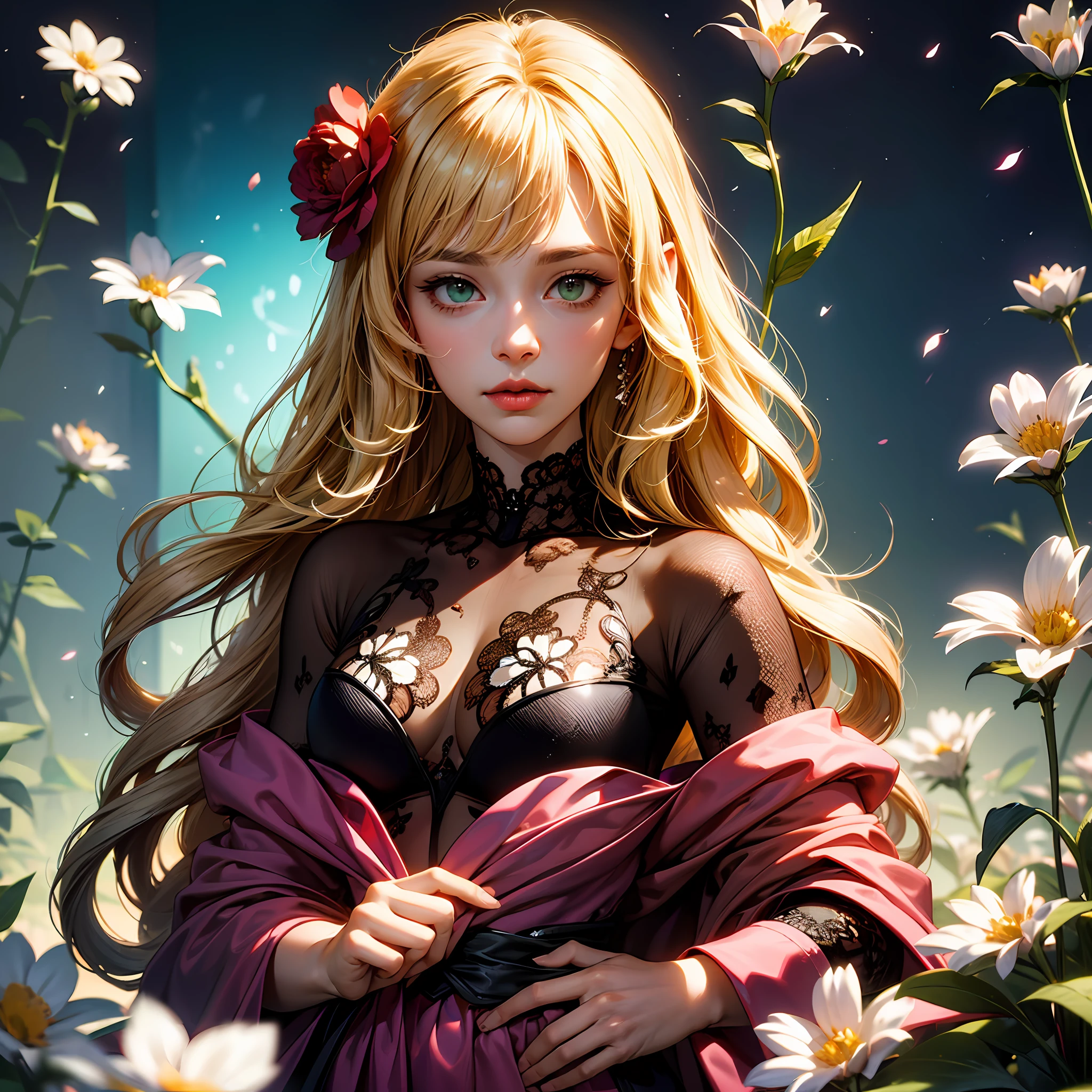 (absurdres, highres, ultra detailed), 1girl, mature female, wavy blonde hair, long hair, blunt bangs, green eyes, pink dress, finely detailed eyes and detailed face, extremely detailed CG unity 8k wallpaper, intricate details, BREAK , kaleidoscopic imagery, symmetrical patterns, vibrant colors, geometric shapes, mesmerizing designs, optical illusions, dynamic composition BREAK , pantomime art, expressive body language, silent storytelling, evocative gestures, visual narratives, theatrical performances BREAK , blooming flowers, colorful petals, fragrant scents, nature's bounty, vibrant gardens, peaceful scenery --auto