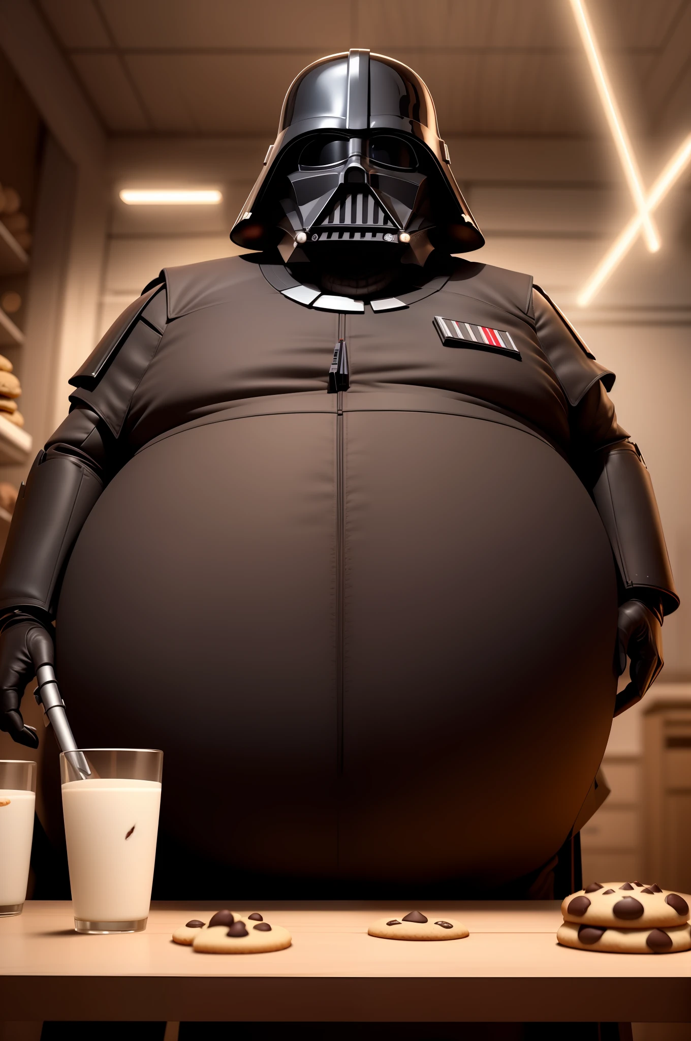 Plan moyen, Dark vador se bat contre Luke Skywalker
pour un gis cookie , assis , casque, Full armor plastron , (Utilisant la force). holding a cookie a as u chocolate nugget , at Cookie inside cookie masters ,lighting cinematic, 8k, UHD, unreal, octane,