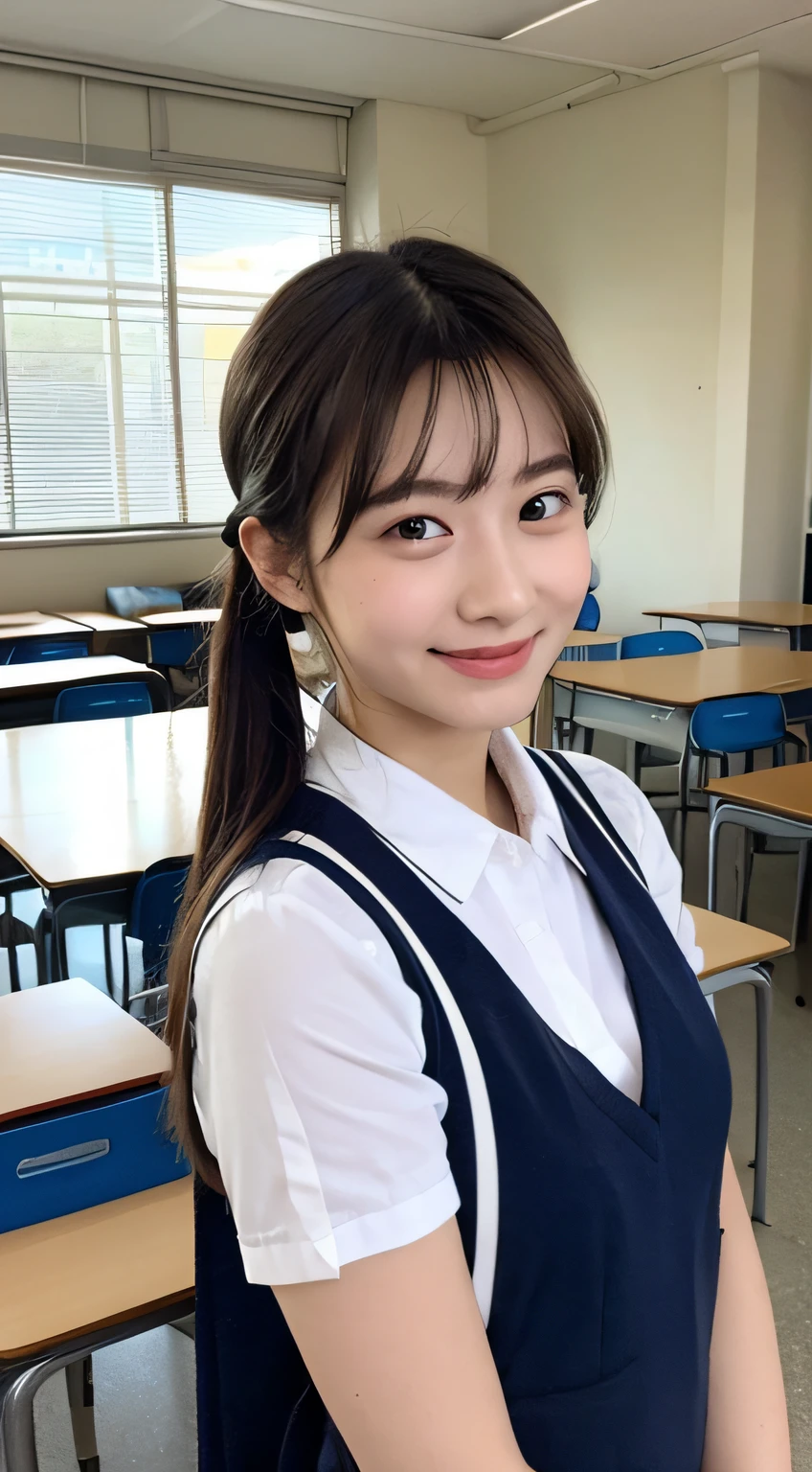 Very detailed 8k wallpaper)、foco nítido、in detail、drama、Delicate and beautiful schoolgirl、18 yrs old、Sheer white shirt、ribbons、Dark blue pleated micro mini、light brown-hair、Smooth pigtails、hair ornament、smile on face、Peek at the viewer、Beautiful graphics、Bright school building、Full of students、School room、Show me your whole body、