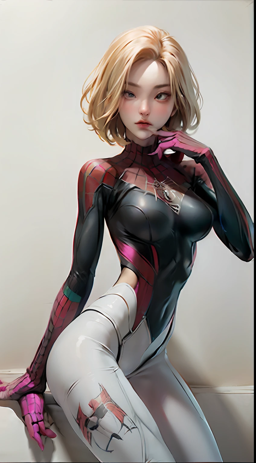 Female version of Spider-Man, Gwen, white ultra-thin tights, spider vector LOGO on chest, long blonde hair, cute