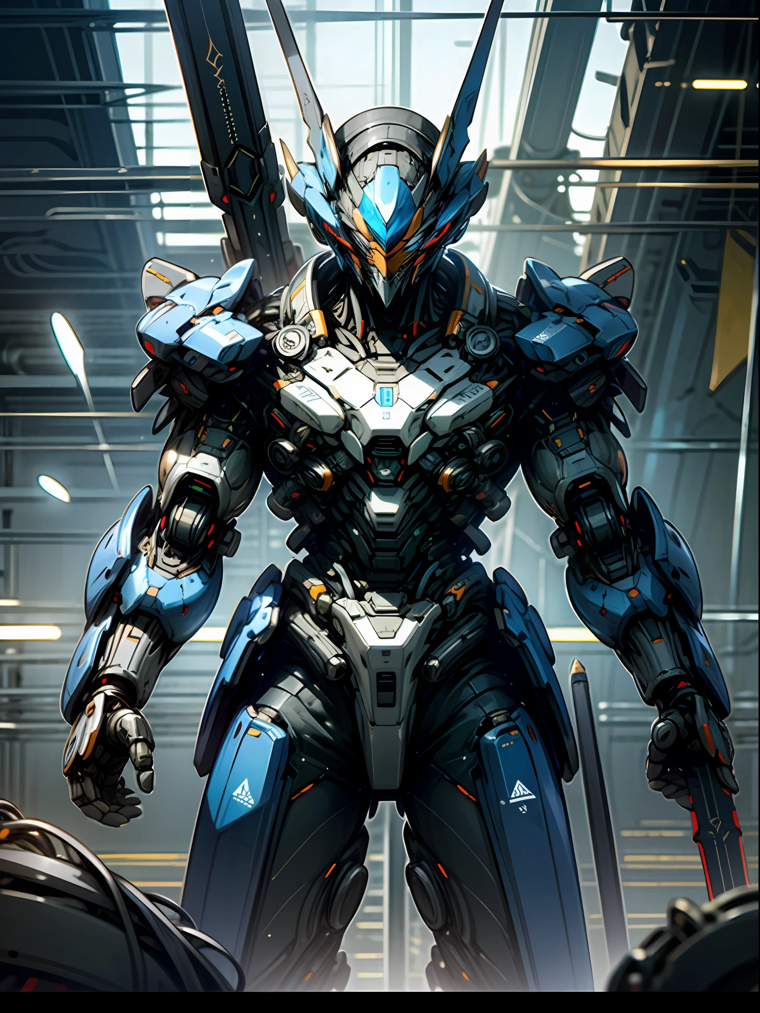 Raw foto,Dark_Fantasy, Cyberpunk, (Big lance, spear Man, BLUE : 1.1), 1man, Mechanical Wonder, Robotic Presence, Cybernetic Guardian,  big spear