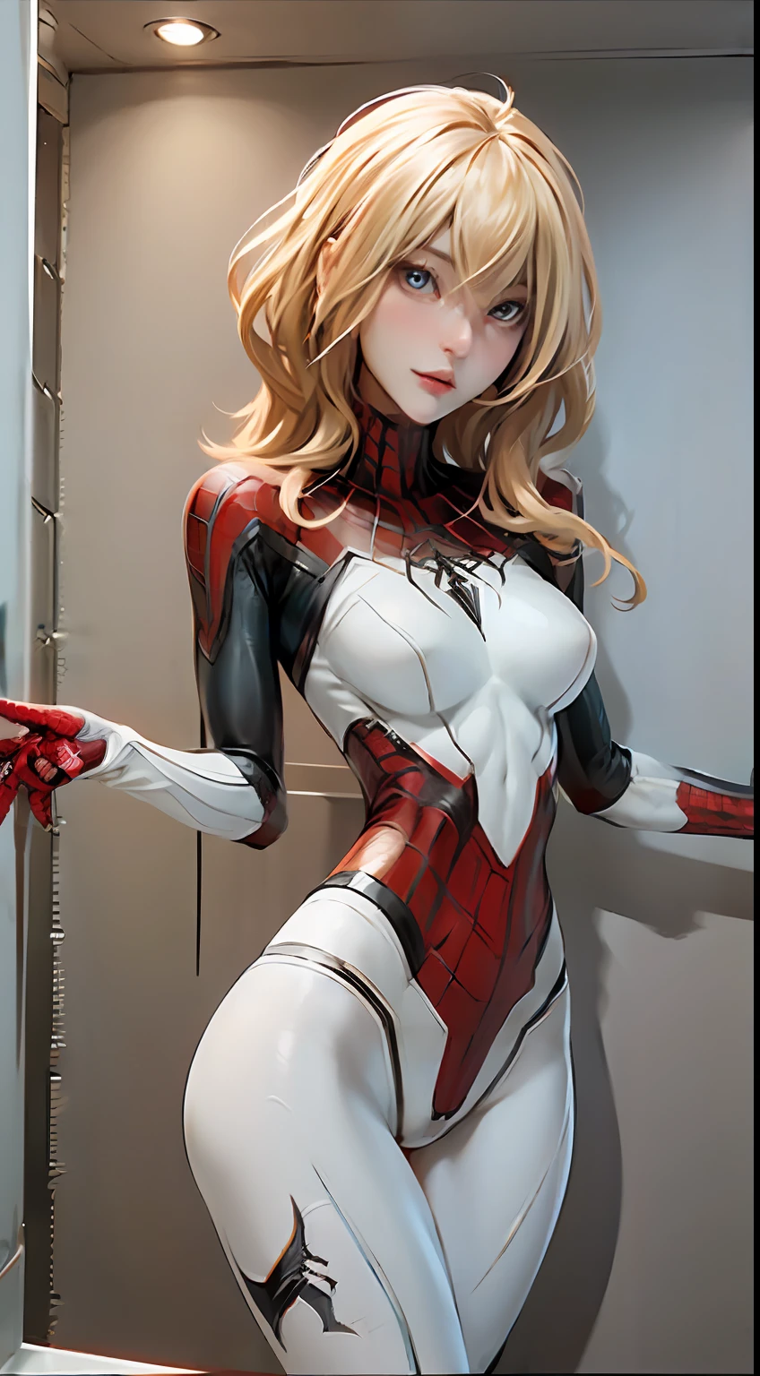 Female version of Spider-Man, Gwen, white ultra-thin tights, spider vector LOGO on chest, long blonde hair, cute