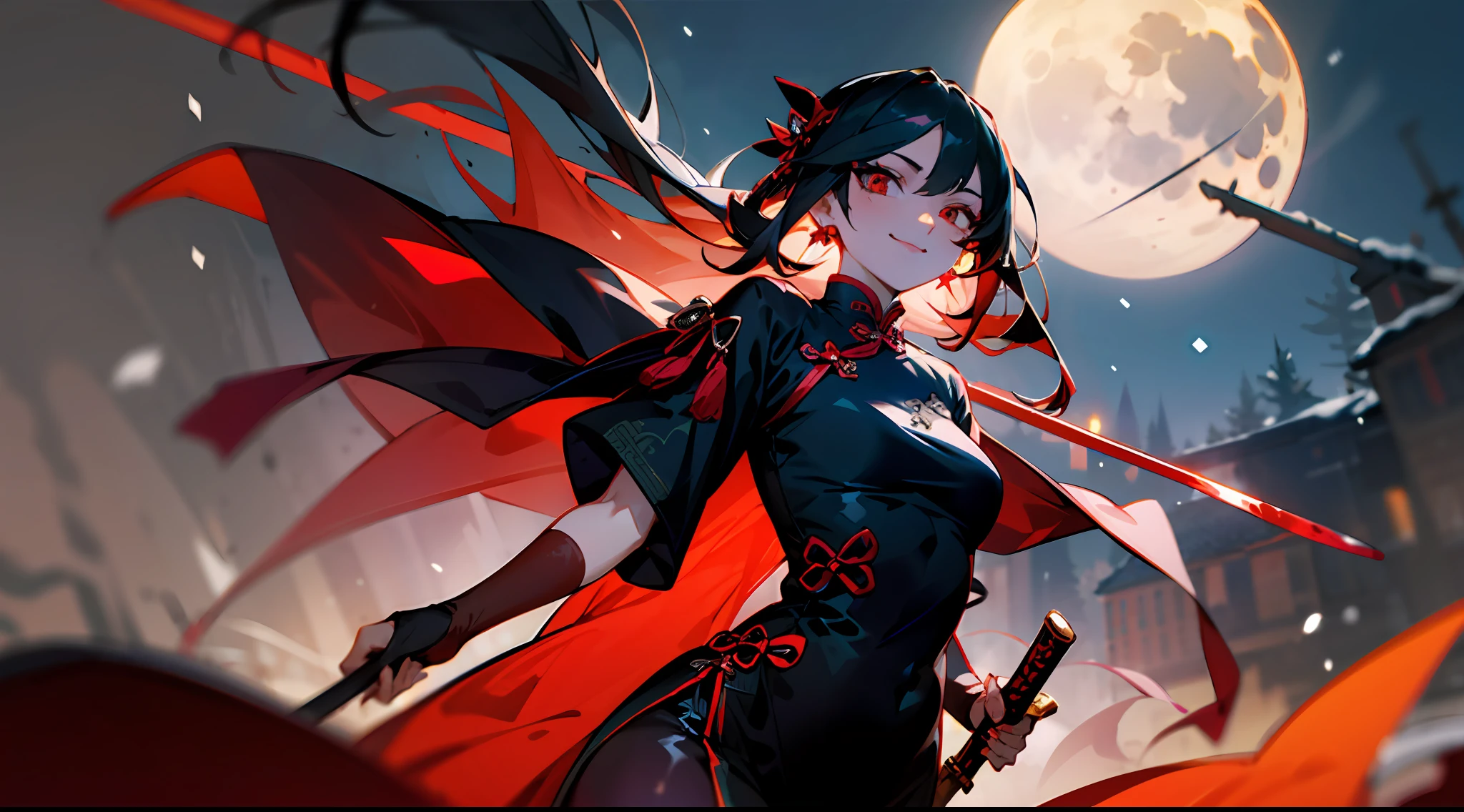 Beautiful girl in qipao dress and red tights with a bloody dagger in her hands and a terrible smile under the winter moon