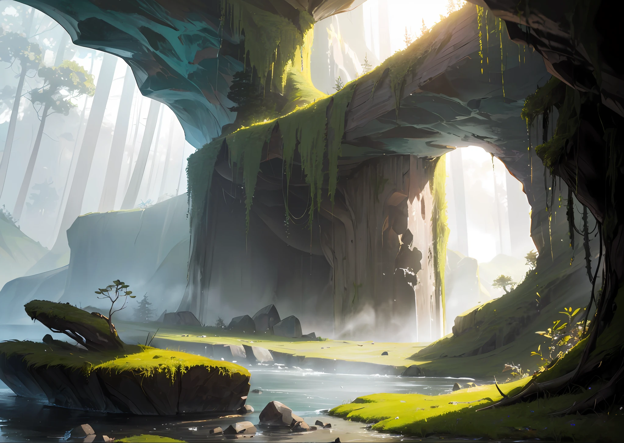((mysterious fantasy forest in a large cave)), no humans, no peoples, fog, springtime, Jungle, (((moss))), grass, cave, a tree, meadow, Rock, (illustration: 1.0), epic composition, Realistic lighting, HD Details, masterpiece, beste-Qualit (very detailed CG wallpaper unified 8k), (((dark, dark lighting, dim lighting))), luminous crystals, dramatic, desaturated, (expansive), intricate