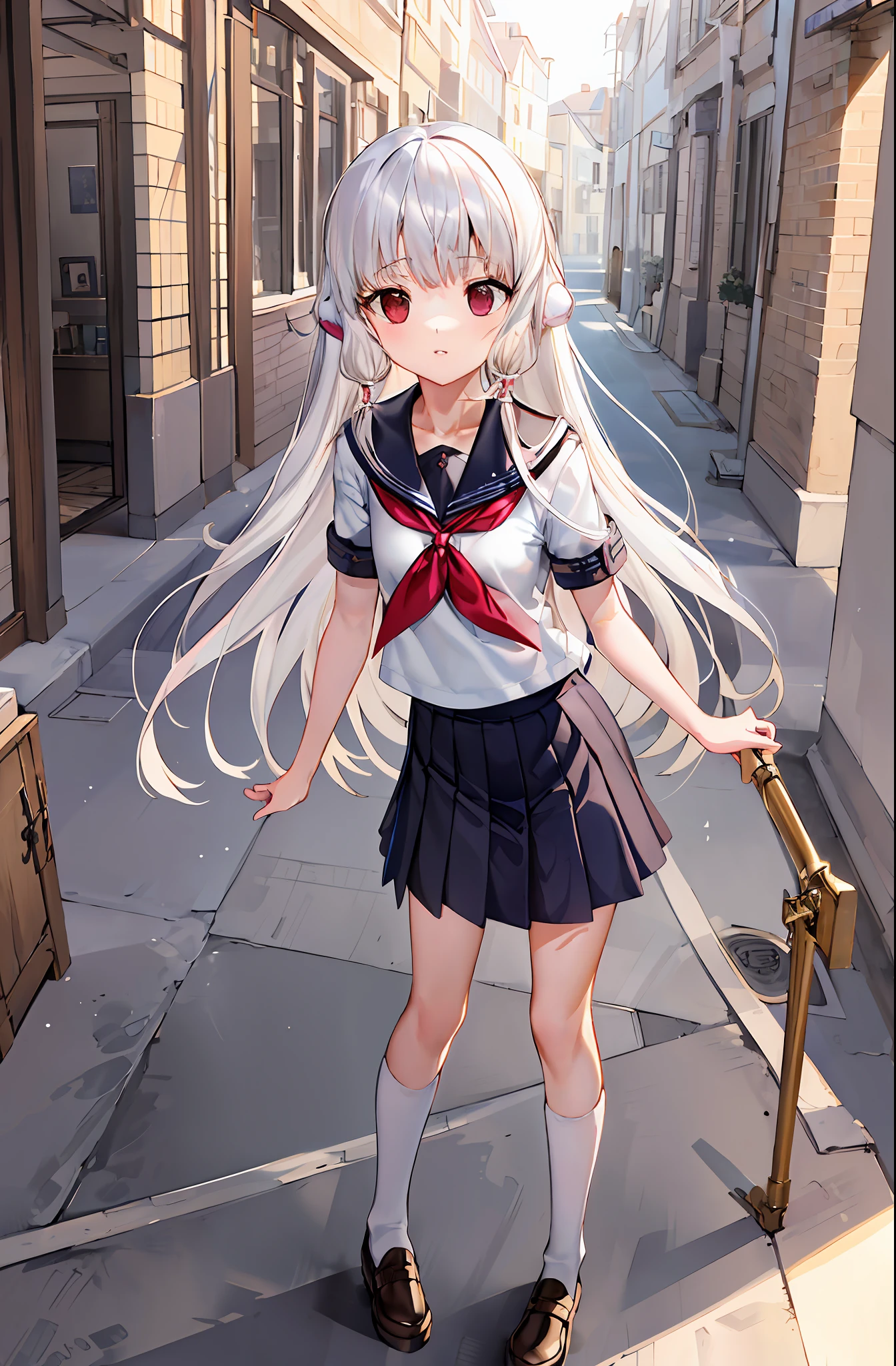 anime girl with long white hair and red eyes in a school uniform, Kantai collection style, Perfect white haired girl, white-haired god, Beautiful Anime High School Girls, anime visual of a cute girl, up of young anime girl, Smooth anime CG art, little curve ****, white haired Cangcang, clean and meticulous anime art, Cute anime girl, high detailed official artwork