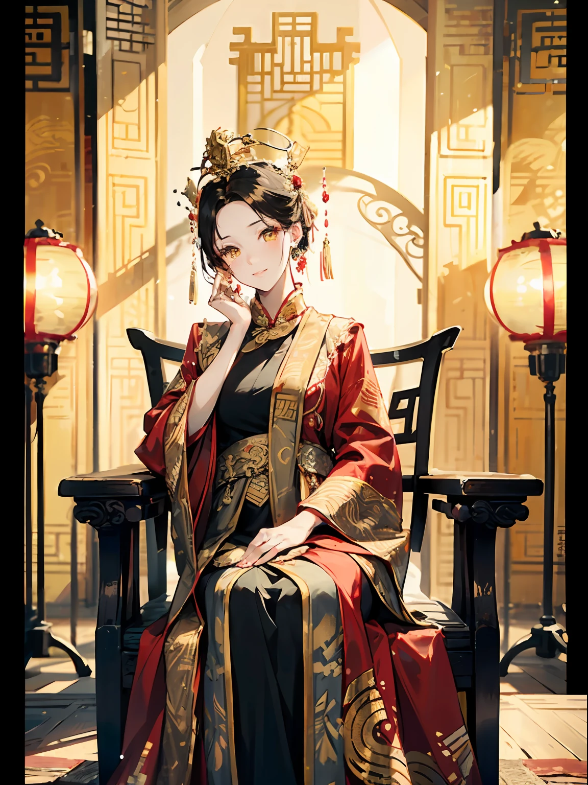 1 woman,Yellow eyes,red and gold dress, hanfu ,chinese clothes,tiara, crown,((Black coiled hair)),Faraway view,Bright lighting,gold earring,ssmile,Sit in a chair,a backdrop of:Ancient Chinese royal palace,
