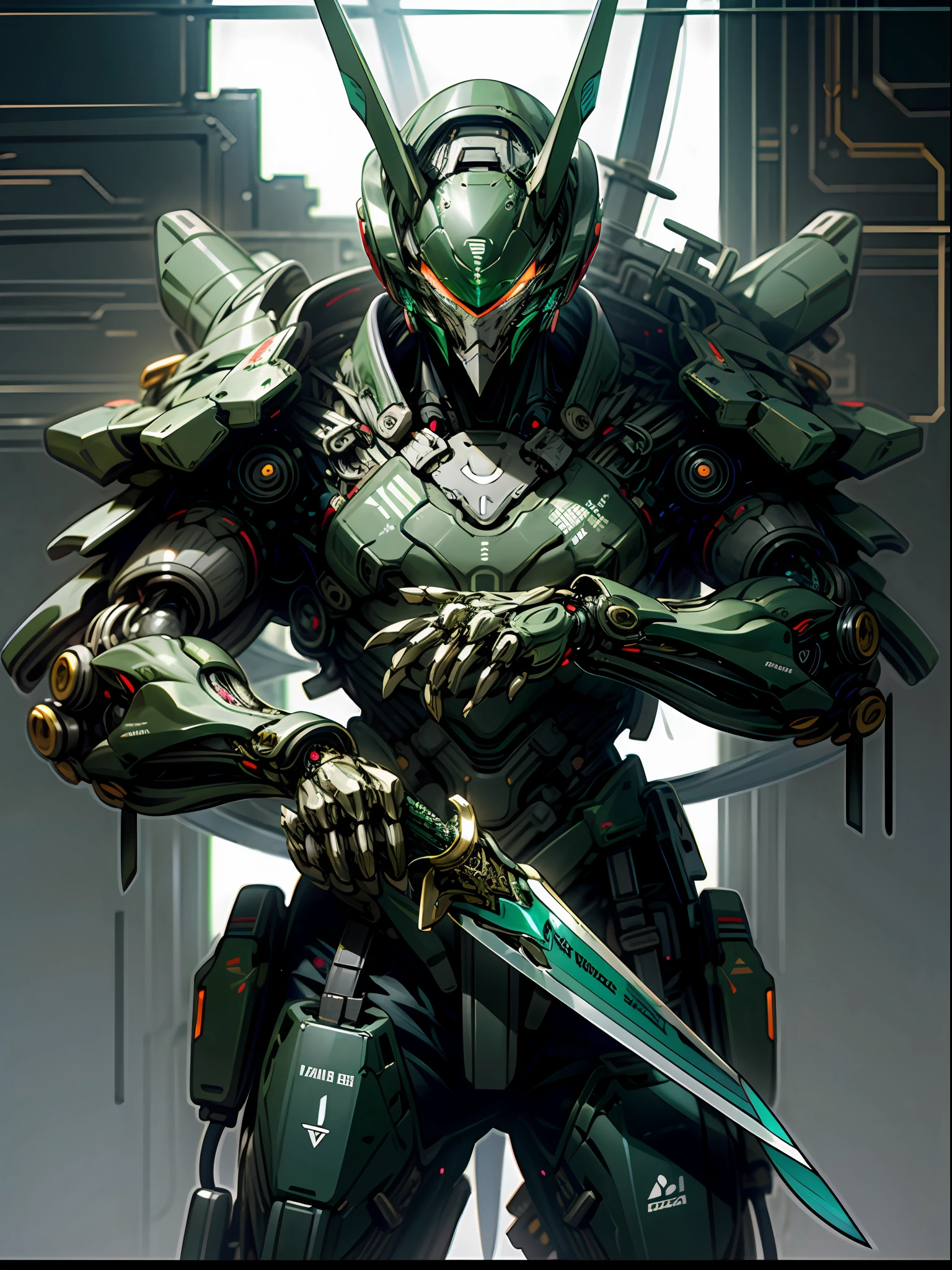 Raw foto,Dark_Fantasy, Cyberpunk, (Big Revolver, Sword Man, dark green : 1.1), 1man, Mechanical Wonder, Robotic Presence, Cybernetic Guardian,  big sword