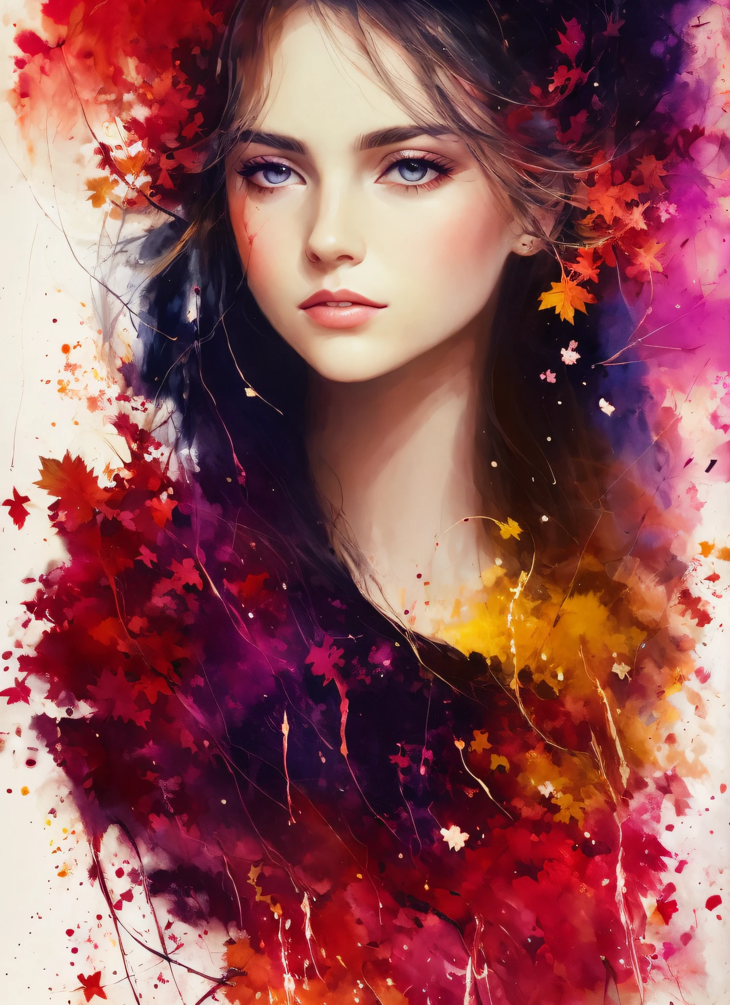 a woman by agnes cecile，Luminous design，pastelcolor，Ink Drip，Beautiful autumn lights，Full body photo，The facial features are three-dimensional and clear，