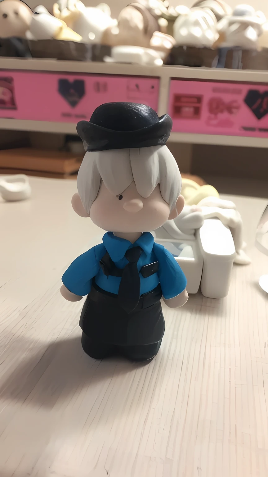 there is a small figurine of a man with a hat and a blue shirt, 3 d clay figure, claymation character, stop motion character, bobby!!, bobby, as a clay character, Clay model, made out of clay, polymer clay, clay animation, bobby, plasticine, clay art, Wearing a police uniform,Generate a new background,starlight sky