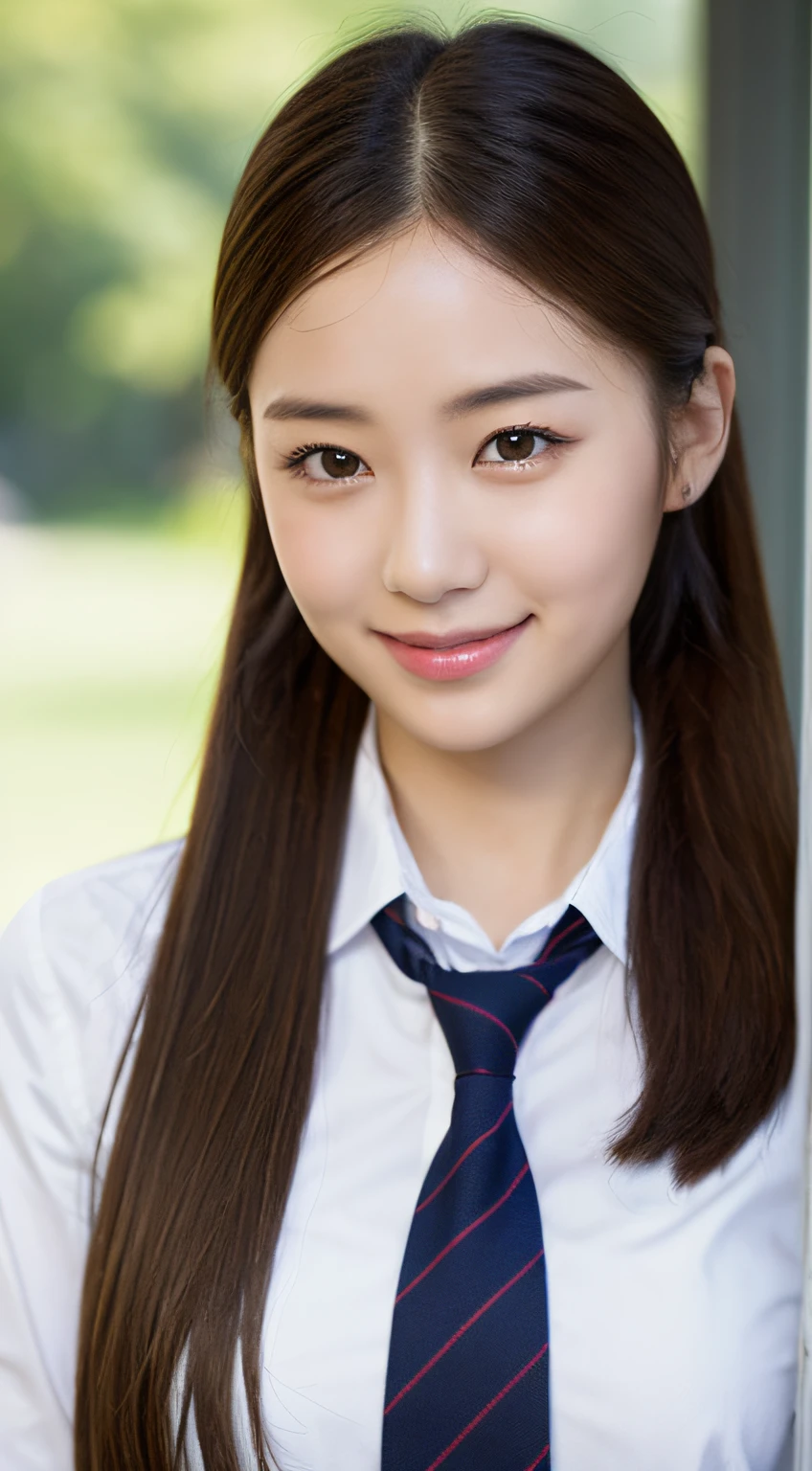 Very detailed 8k wallpaper)、foco nítido、In detail、drama、Delicate and beautiful schoolgirl、15yearsold、Sheer white shirt、necktie、Dark blue pleated micro mini、light brown-hair、Smooth pigtails、hair ornament、smile on face、Peek at the viewer、Beautiful graphics、Bright school building、Full of students、Show me your whole body、sitted、