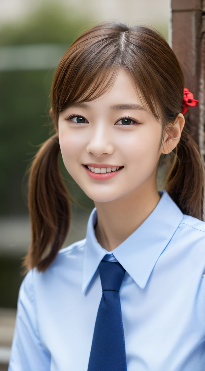 Very detailed 8k wallpaper)、foco nítido、In detail、drama、Delicate and beautiful schoolgirl、15yearsold、Sheer white shirt、necktie、Dark blue pleated micro mini、light brown-hair、Smooth pigtails、hair ornament、smile on face、Peek at the viewer、Beautiful graphics、Bright school building、Full of students、Show me your whole body、sitted、
