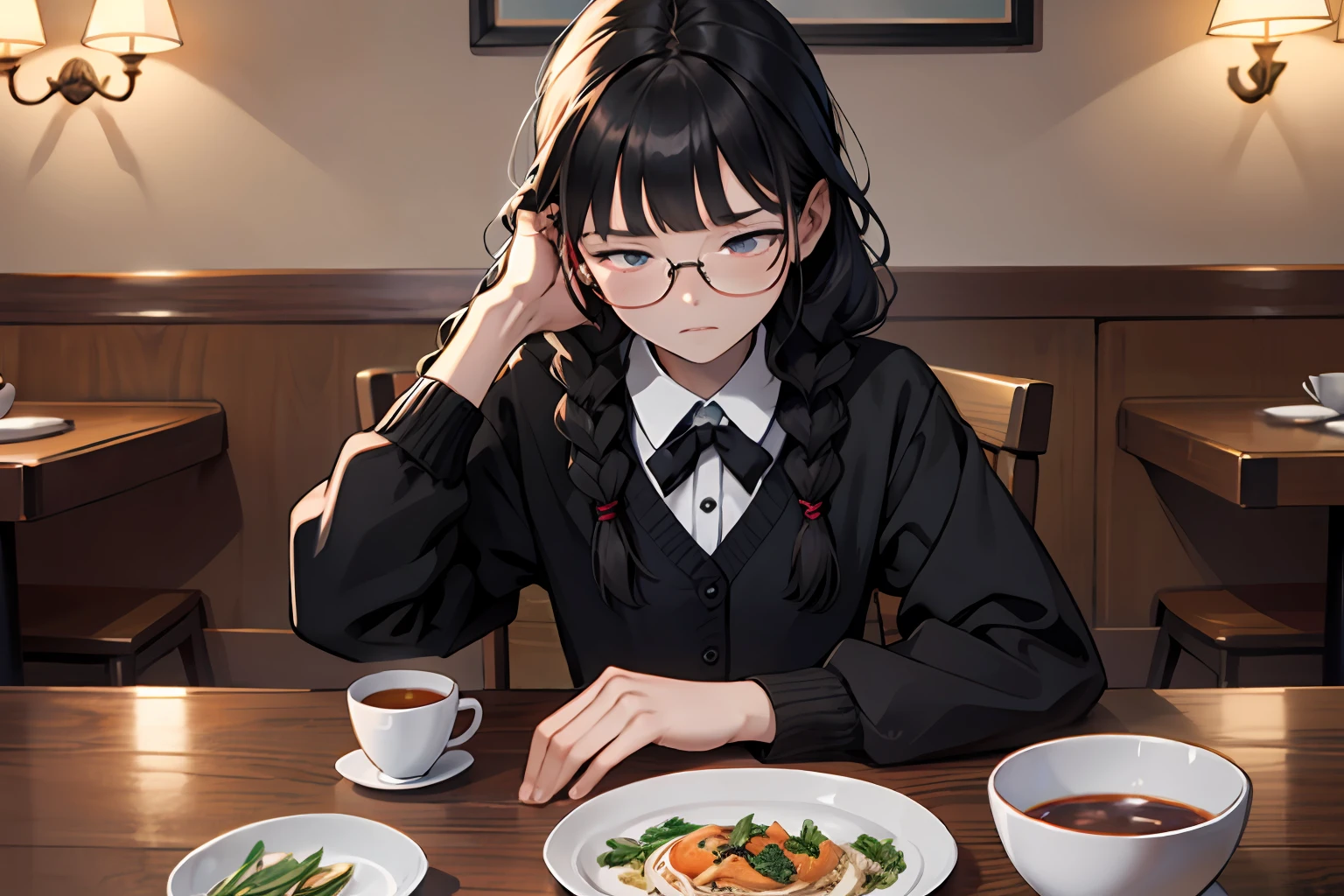 (smooth lighting), ((Beautiful eyes))30mm lens,wide shot layout,wednesday addams BREAK ars old,black hair,blunt bangs,pale skin,red eyes,jitome,hollow eyes, half-closed eyes,detailed eyes,beautiful eyes,hair ornaments at hexagram,1girl,solo,braid,ashamed,troubled expression,best quality,ultra-detailed,(masterpiece),looking away,in Cheap Italian Restaurant,Empty dishes and glasses on the table