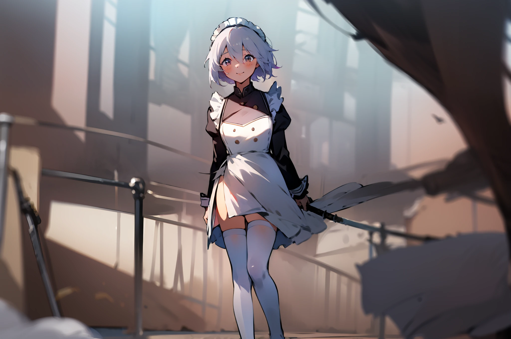 (tmasterpiece，Best picture quality，8K，Abeautifulgirl，A natural smile，short  skirt，white stockings，The movements are natural and elegant，Maid uniform，gentleness，lovly)