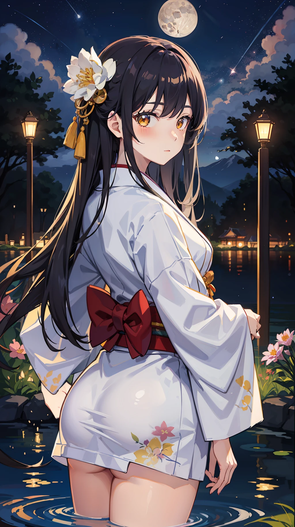 Wearing a white kimono、Anime girl standing near pond watching full moon, 1girl in, komono, Kimono, Night, Solo, Outdoors, Yellow eyes, with floral pattern, Looking at Viewer, Moon, poneyTail, Sky, reflection, star (Sky), Bangs, Starry sky, sash, Long hair, obi, lake, nigh sky
