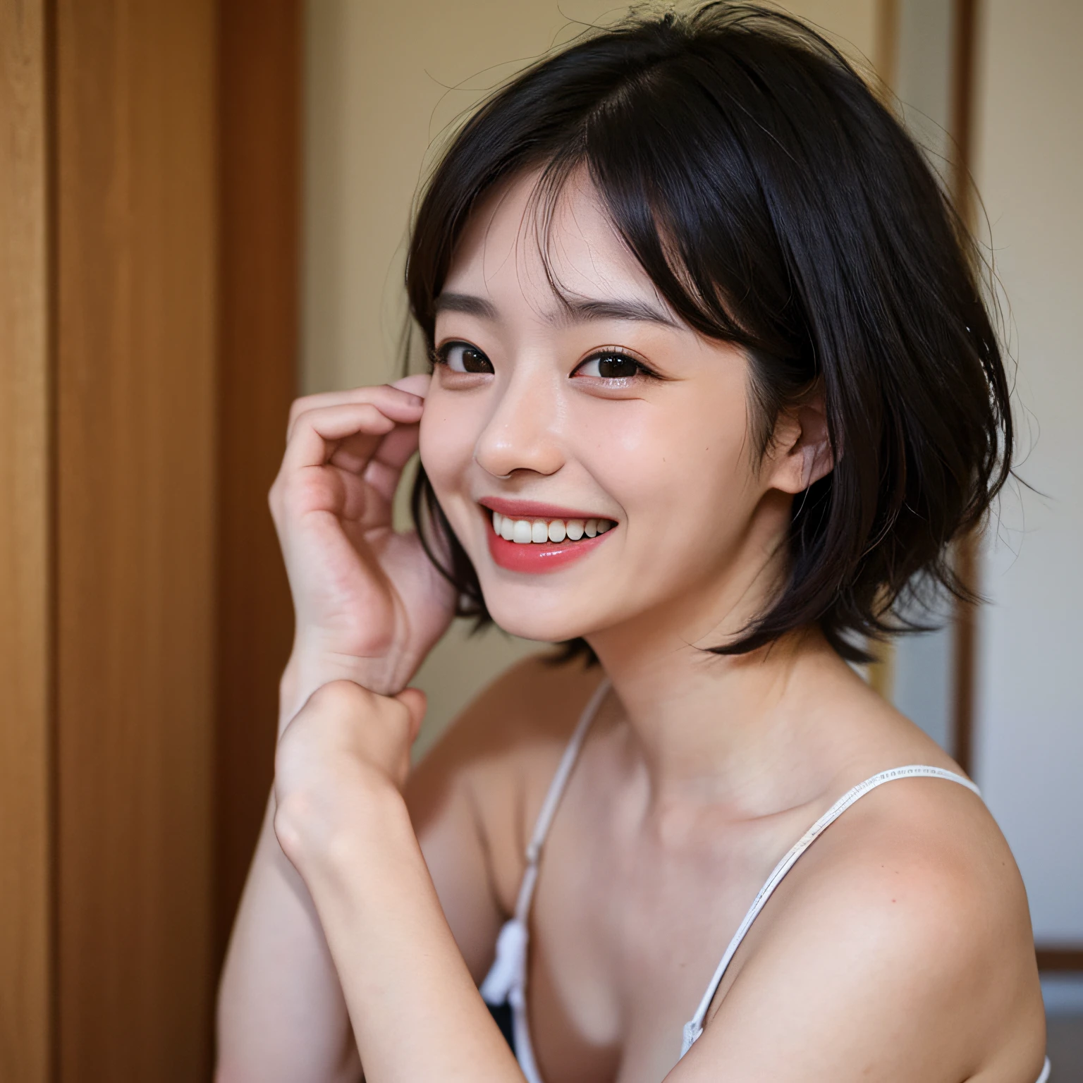 Top quality, masterpiece, ultra high resolution, (photorealistic: 1.4), raw photo, 1 girl, Japan beauty, beautiful skin, black hair: 1.7, Minami Hamabe, (((Short hair: 1.5)), 30 years old, laughing happily: 1.2, micro bikini