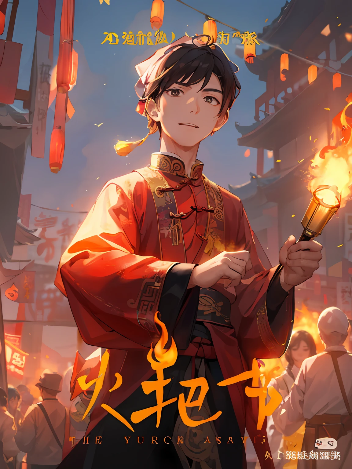 Good-looking Chinese Yi boy,Wearing a headscarf,With a torch,It has the characteristics of Yunnan nationality --auto