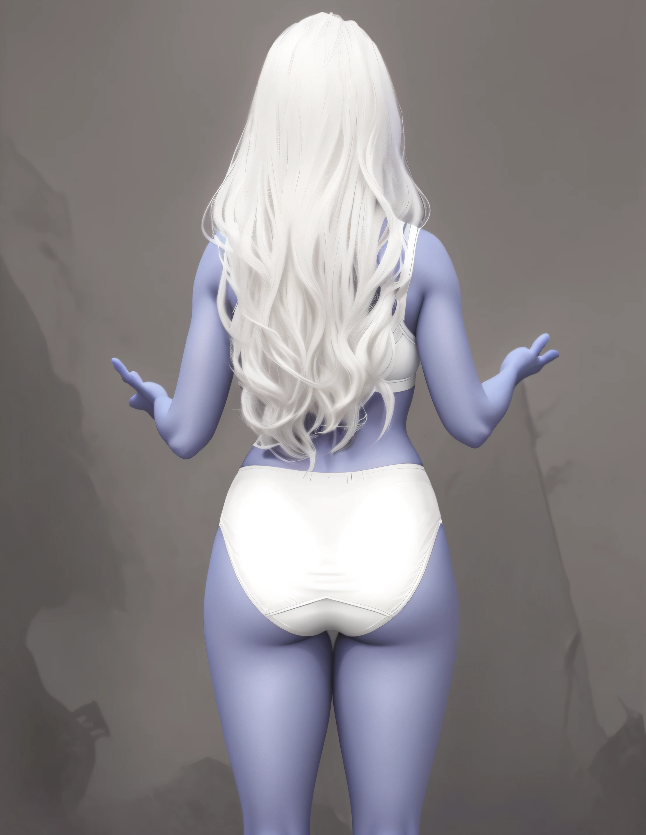 Dark Elf woman with white hair, in white bra, and white high cut panties, back shot, realistic art style, intricate details