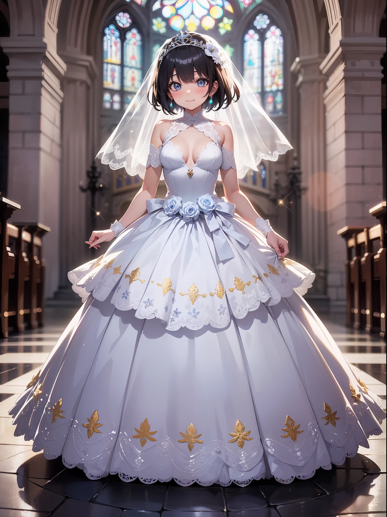 ((masutepiece)), ((Best quality)), (Ultra-detailed), ((kawaii)), cute, (lovly), ((Sexy)), (Ero), ((Extremely detailed)), 4K, (8K), Best quality, (Beautiful), Illustration, Anime style, Painting, Dynamic Angle, Full body, gradients, full body focus, (inside a church), weddingdress, Cute s, 1girl in, Solo, bride, June bride, Beautiful black hair, Beautiful black eyes, ((Beautiful eyes)), White-skinned, Short hair, big chest out, lightsmile, blush, sparkling effect, Glitter Effect, Lens Flare, shiny-glistening, gleaming