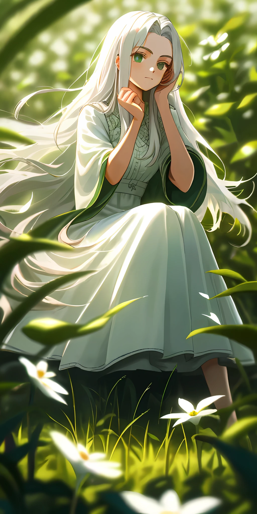 (masterpiece, best quality),1girl with long white hair sitting in a field of green plants and flowers, her hand under her chin, warm lighting, white dress, blurry foreground