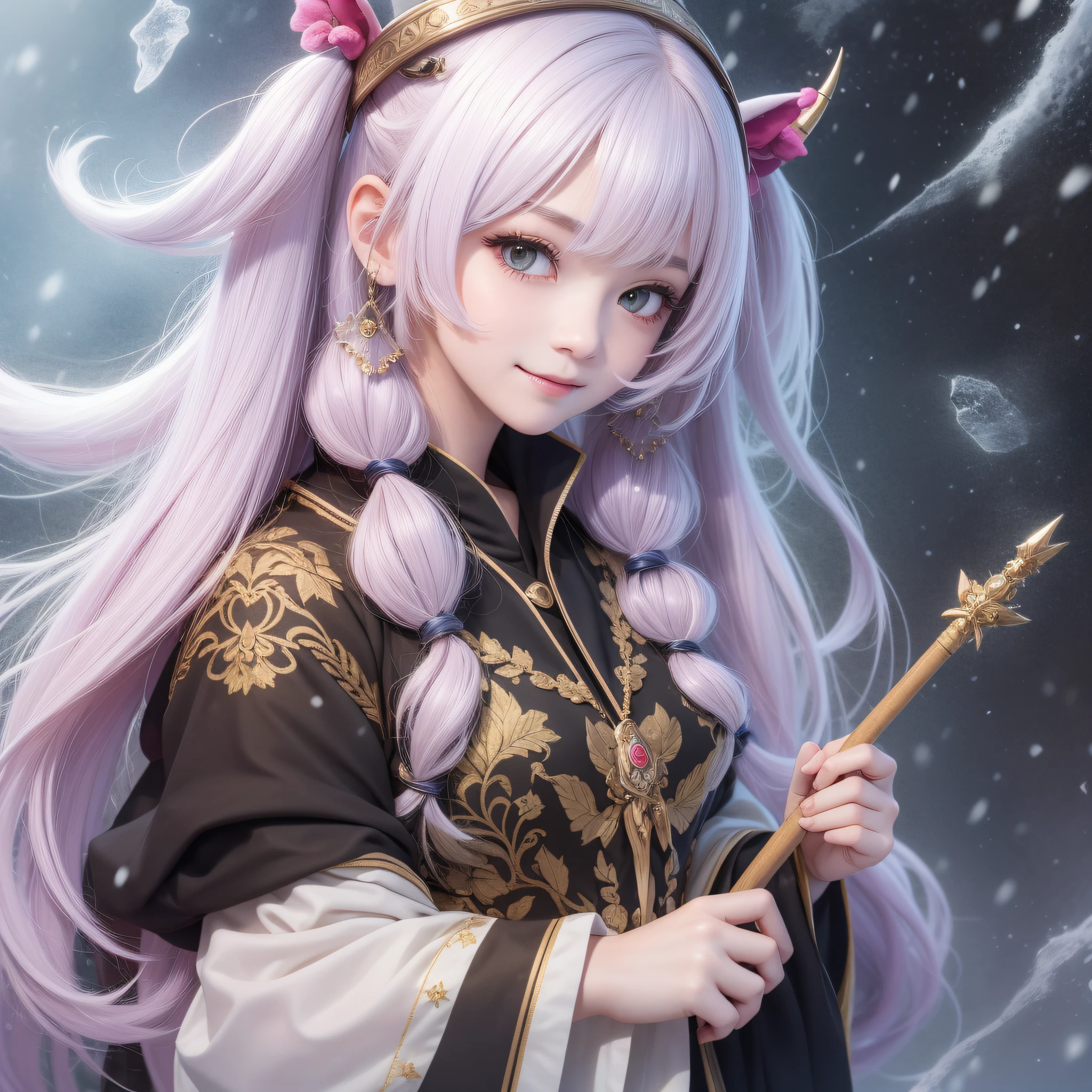 beste-Qualit, masterpiece, high-level image quality, 1girl in、Unicorn horns1Boken、snow-white hair、Beautiful fece、、kawaii、twintails、The photograph, large resolution, 4K, 8K, Society Sisters、Monastic cap、Monastic uniforms、Hold the wand、Looking at the camera、A smile、great outdoors