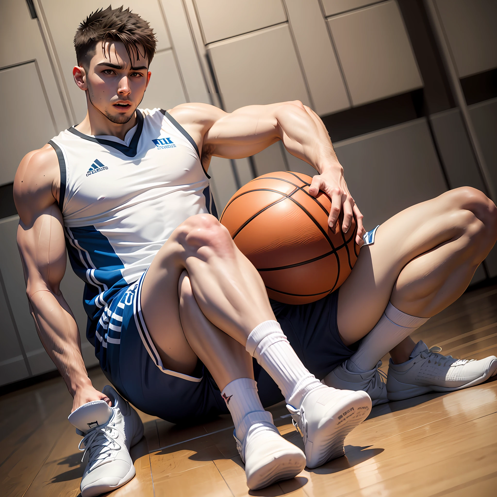 Mid-length white basketball socks Muscle veins Young men Masturbation Lying position
