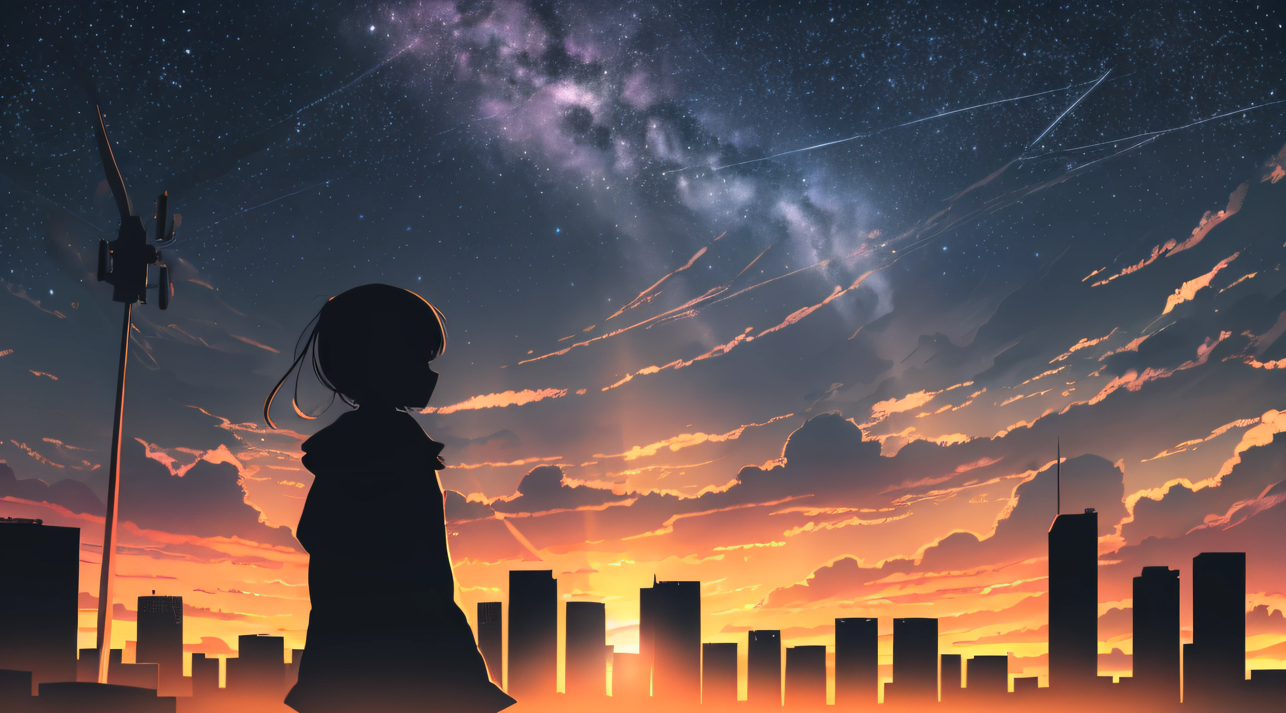 anime,silhouette,1girl, star (sky), cloud, cityscape, building, city, outdoors, skyscraper, city lights, night, night sky, sunset, skyline