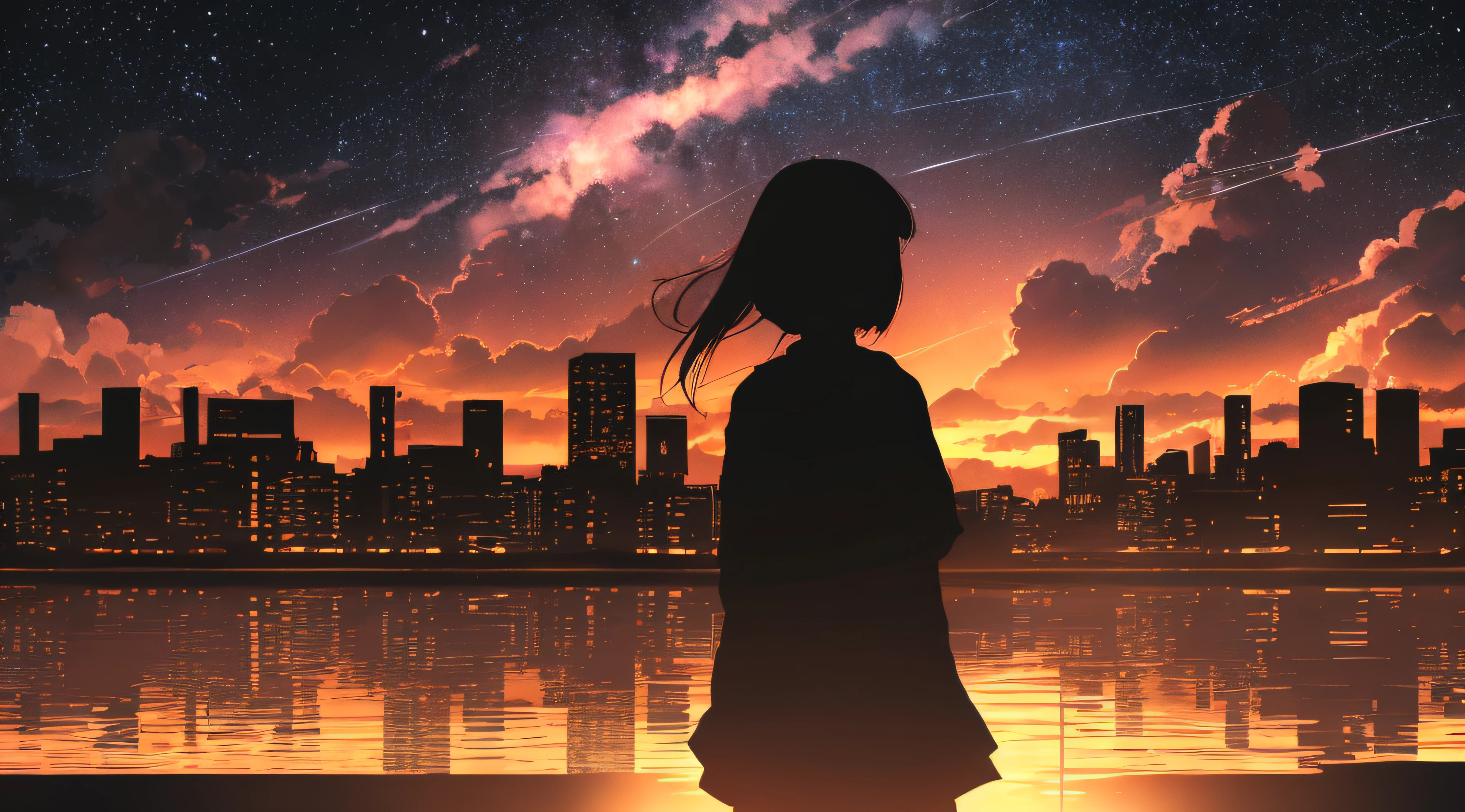 anime,silhouette,1girl, star (sky), cloud, cityscape, building, city, outdoors, skyscraper, city lights, night, night sky, sunset, skyline