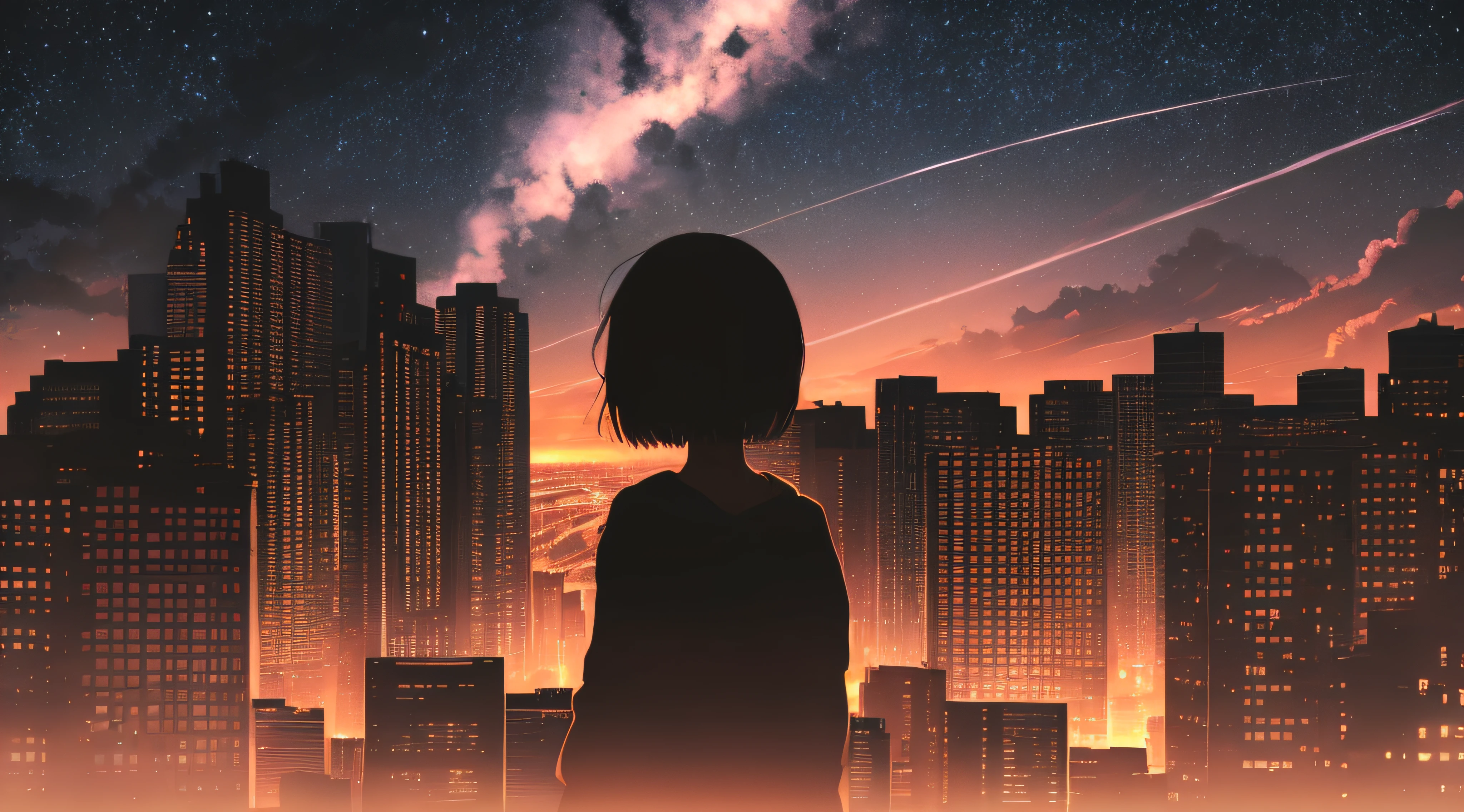anime,silhouette,1girl, star (sky), cloud, cityscape, building, city, outdoors, skyscraper, city lights, night, night sky, sunset, skyline