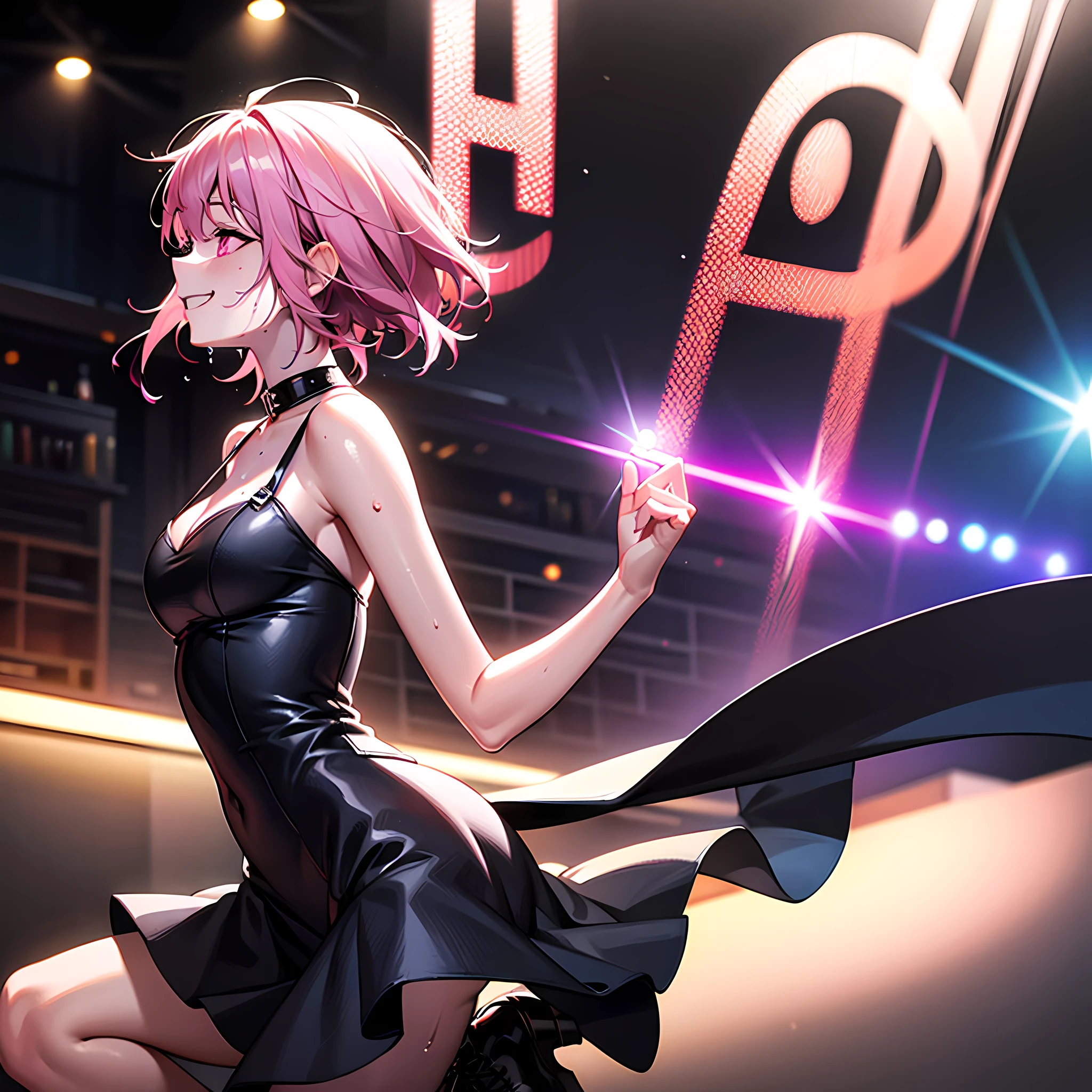 2solo focus, a drunk woman dancing at a club, short light lavender hair, pink eyes, black dress, slim, combat boots, 33 years old, grinning, sweating, vivid, ultra detailed, volumetric lighting, side view