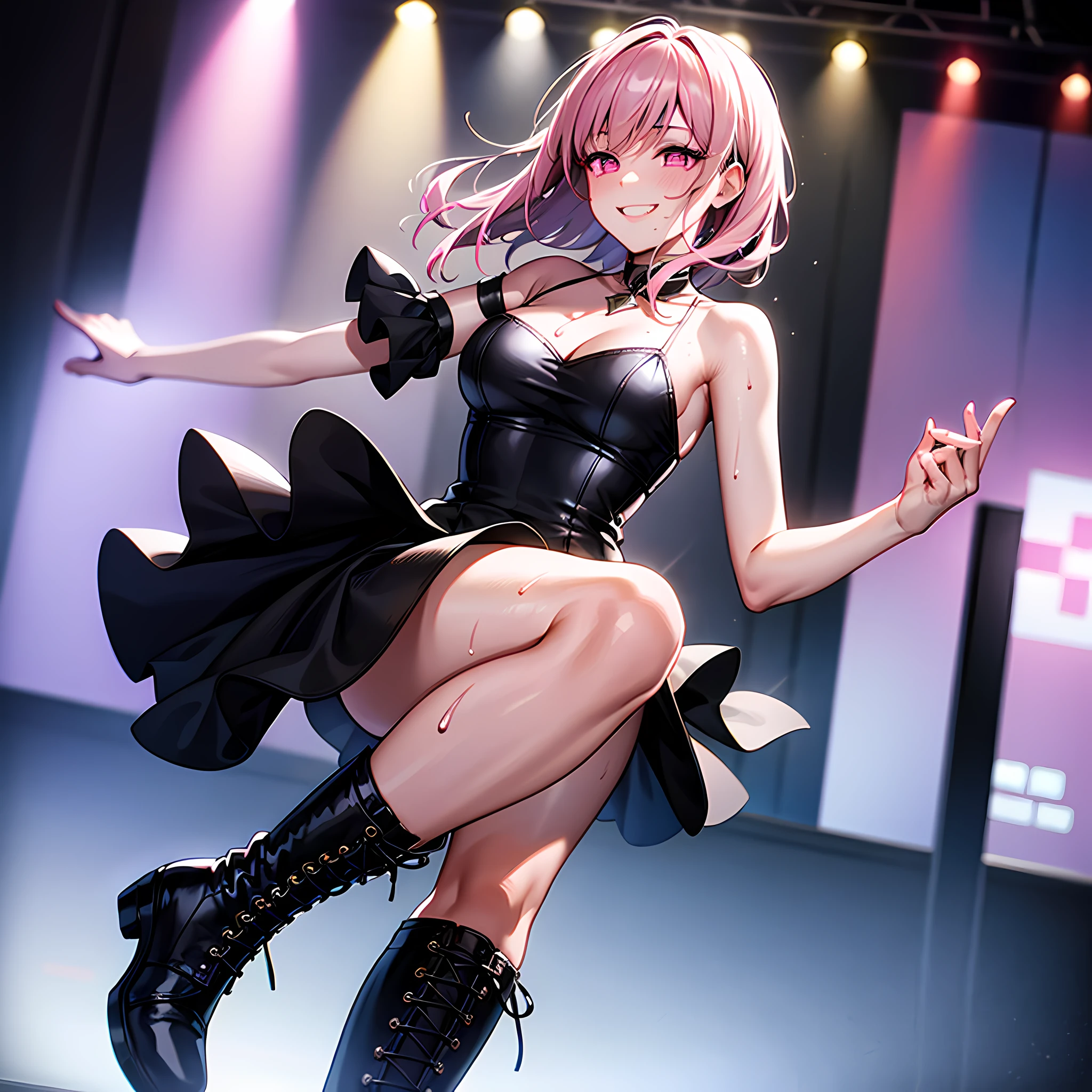 2solo focus, a drunk woman dancing at a club, short light lavender hair, pink eyes, black dress, slim, combat boots, 33 years old, grinning, sweating, vivid, ultra detailed, volumetric lighting, side view