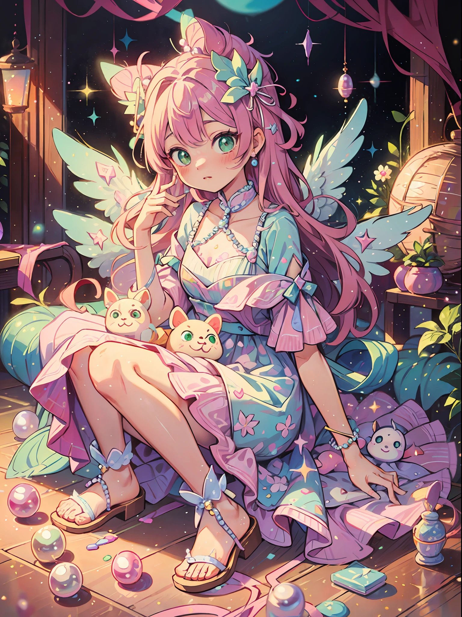 Pearls adorned with pastel pink dresses and hair accessories、Ren Hao、And hair dyed in candy color。With shining green eyes that play innocently、Glitter sandals dancing brilliantly。A beautiful girl who is somehow mysterious like a Angel, angel wings, Circle of Angels