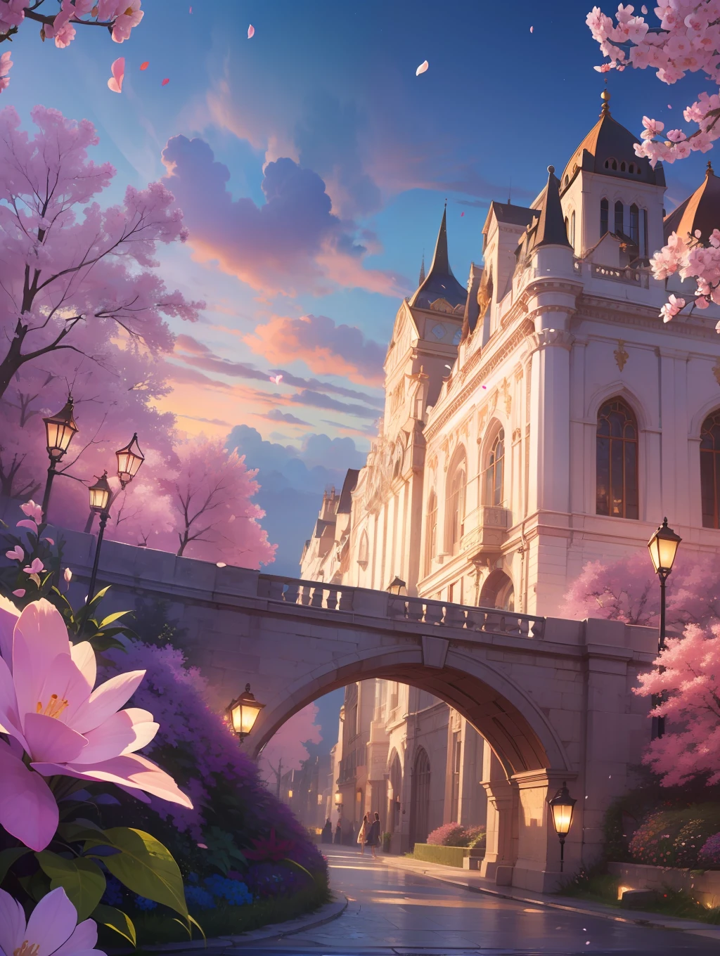 (An enchanting masterpiece with) iridescent color, best quality, high resolution, vibrant and dazzling, unique and breathtaking, delicate and magnificent, (featuring) flying petals, colorful landscapes, soft lighting, and a dreamy atmosphere.