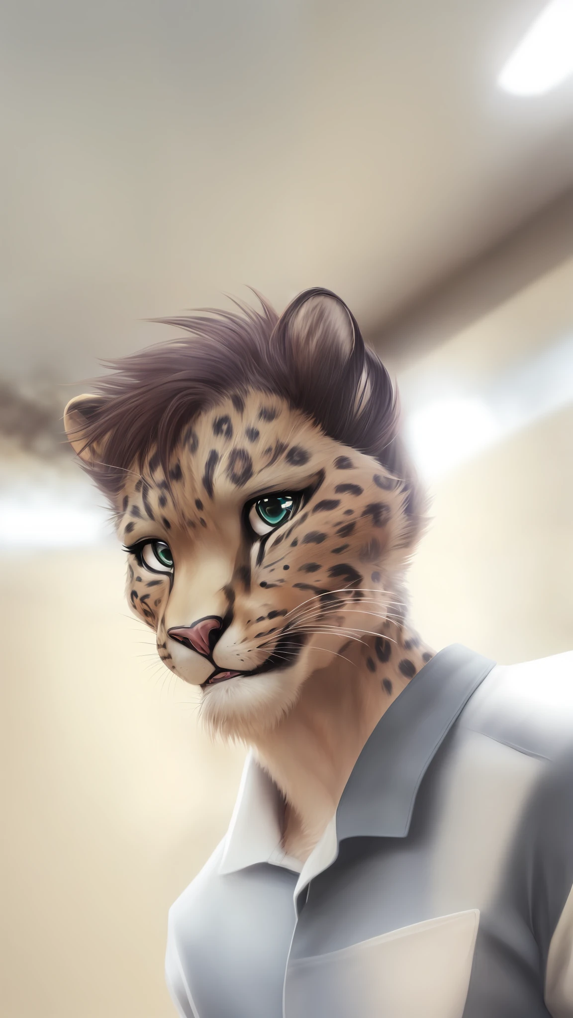 anthro, mammal, solo, male, hair, whiskers, raining, black hair, looking at viewer, hi res, eyelashes, bust portrait, portrait, brown eyes, black nose, teal hair, fur, front view, snow leopard fursona,