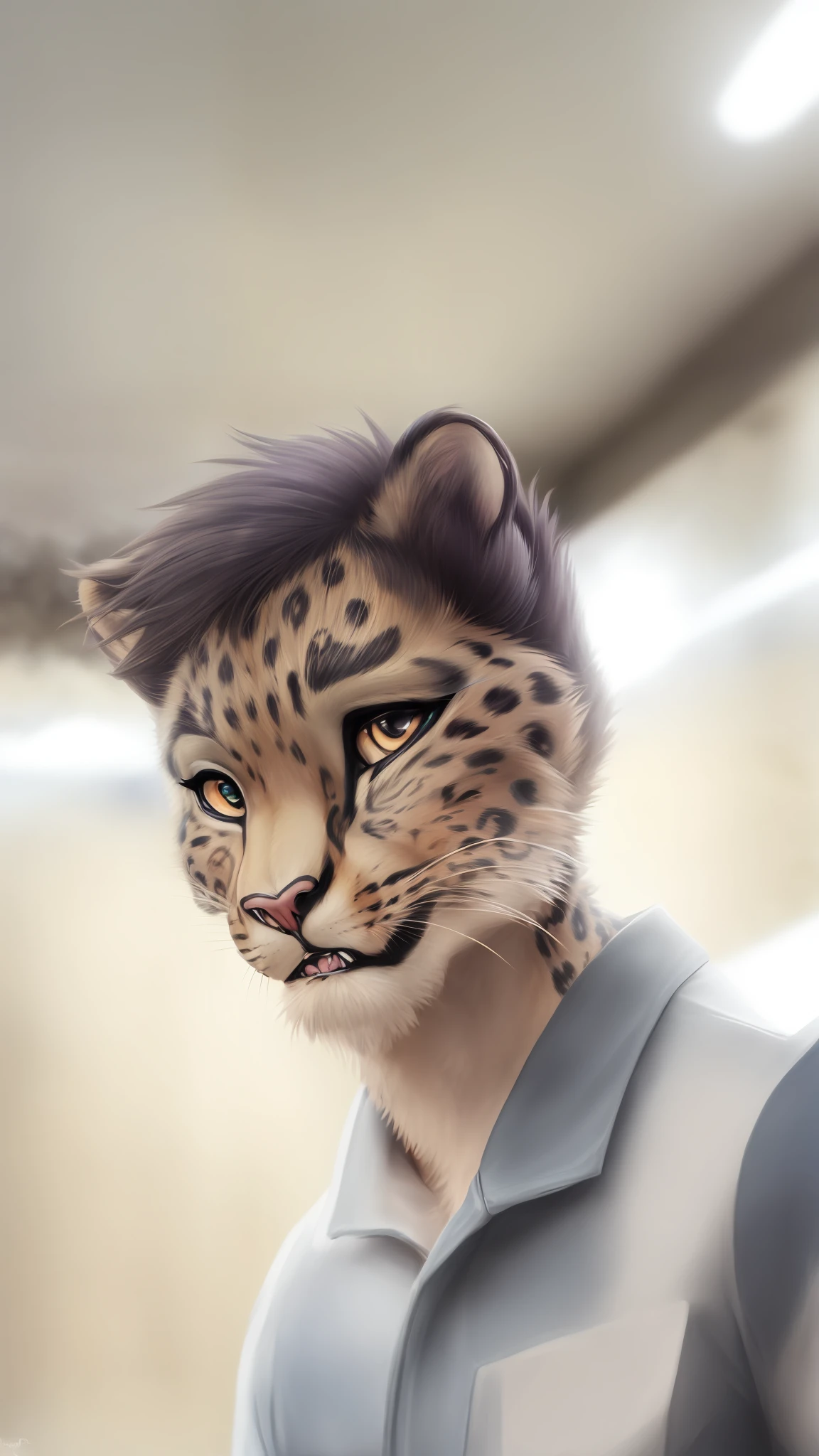 anthro, mammal, solo, male, hair, whiskers, raining, black hair, looking at viewer, hi res, eyelashes, bust portrait, portrait, brown eyes, black nose, teal hair, fur, front view, snow leopard fursona,