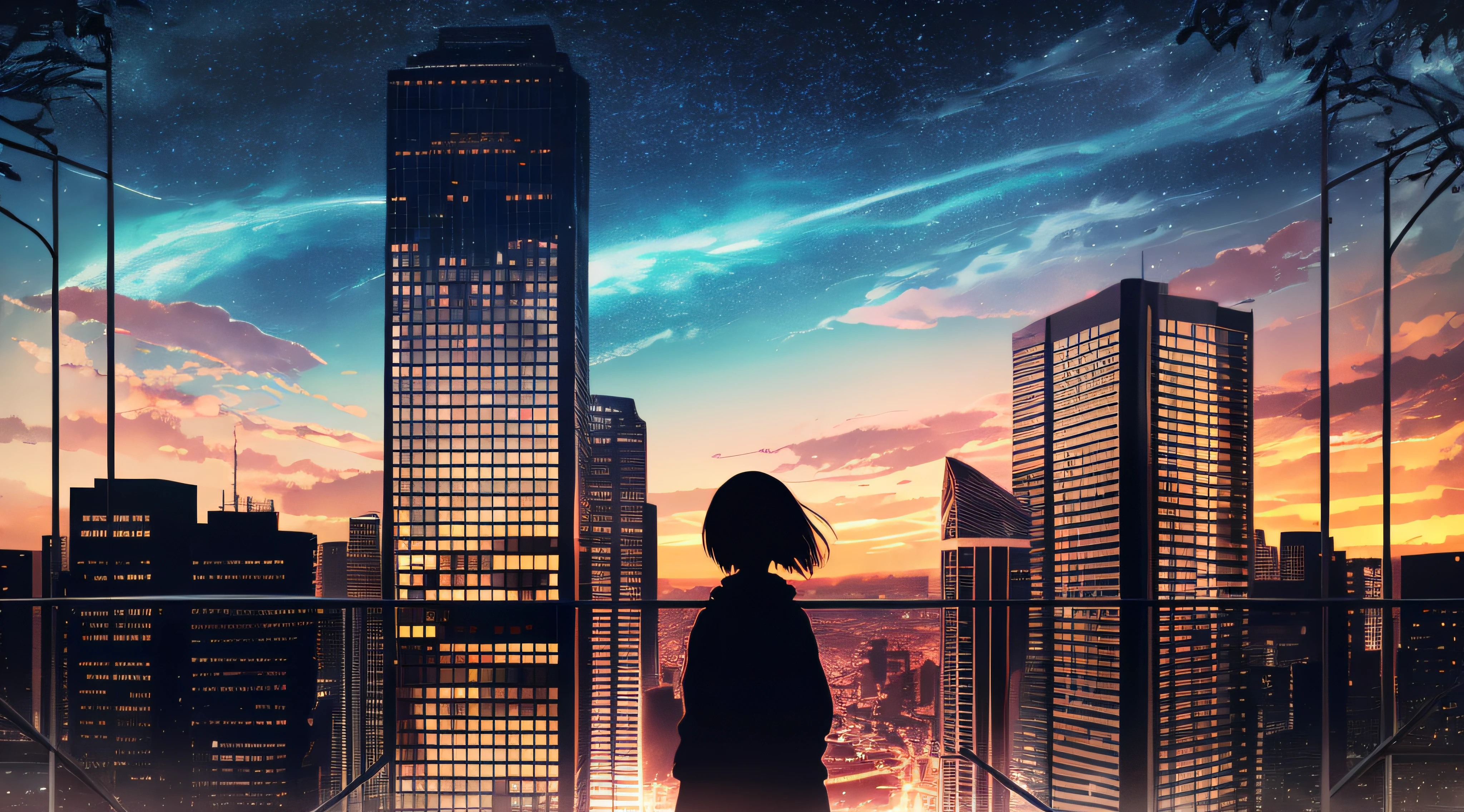 anime,silhouette,1girl, star (sky), cloud, cityscape, building, city, outdoors, skyscraper, city lights, night, night sky, sunset, skyline